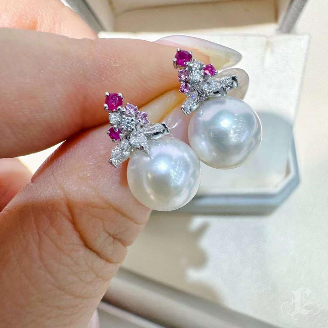 【Crown Radiance】Blooming Aurora Akoya Pearl Ruby & Diamond Earrings In New Condition For Sale In New York, NY
