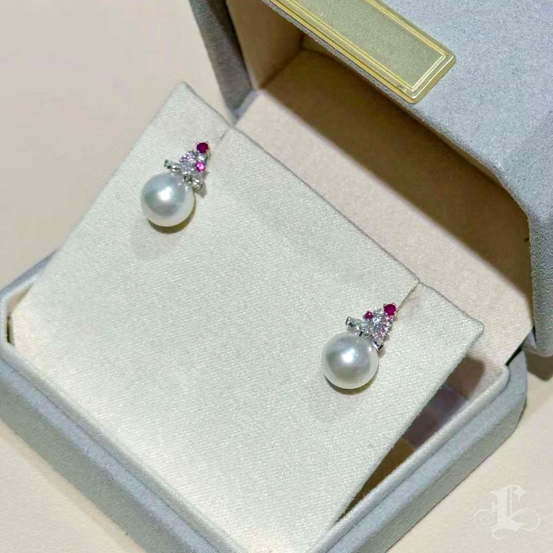 Women's 【Crown Radiance】Blooming Aurora Akoya Pearl Ruby & Diamond Earrings For Sale