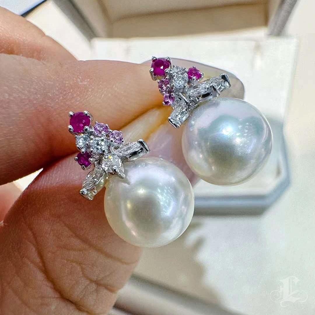 【Crown Radiance】Blooming Aurora Akoya Pearl Ruby & Diamond Earrings For Sale 1