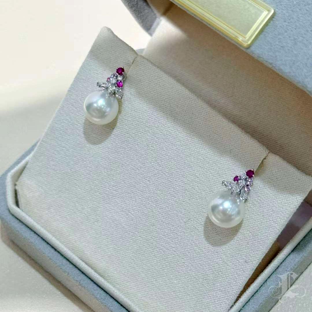 【Crown Radiance】Blooming Aurora Akoya Pearl Ruby & Diamond Earrings For Sale 3