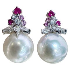 【Crown Radiance】Blooming Aurora Akoya Pearl Ruby & Diamond Earrings