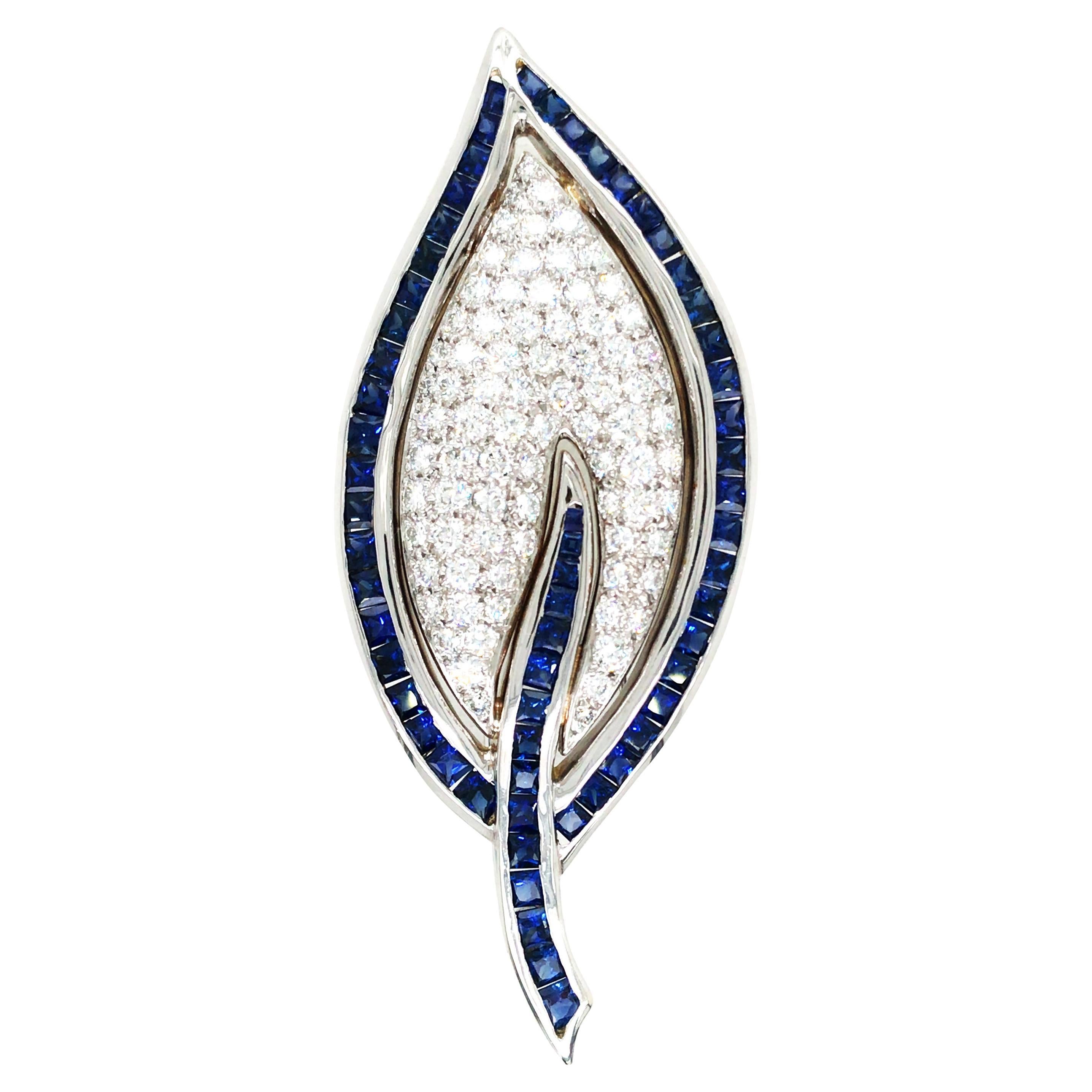 18K Gold Sapphire Diamond Leaf Brooch