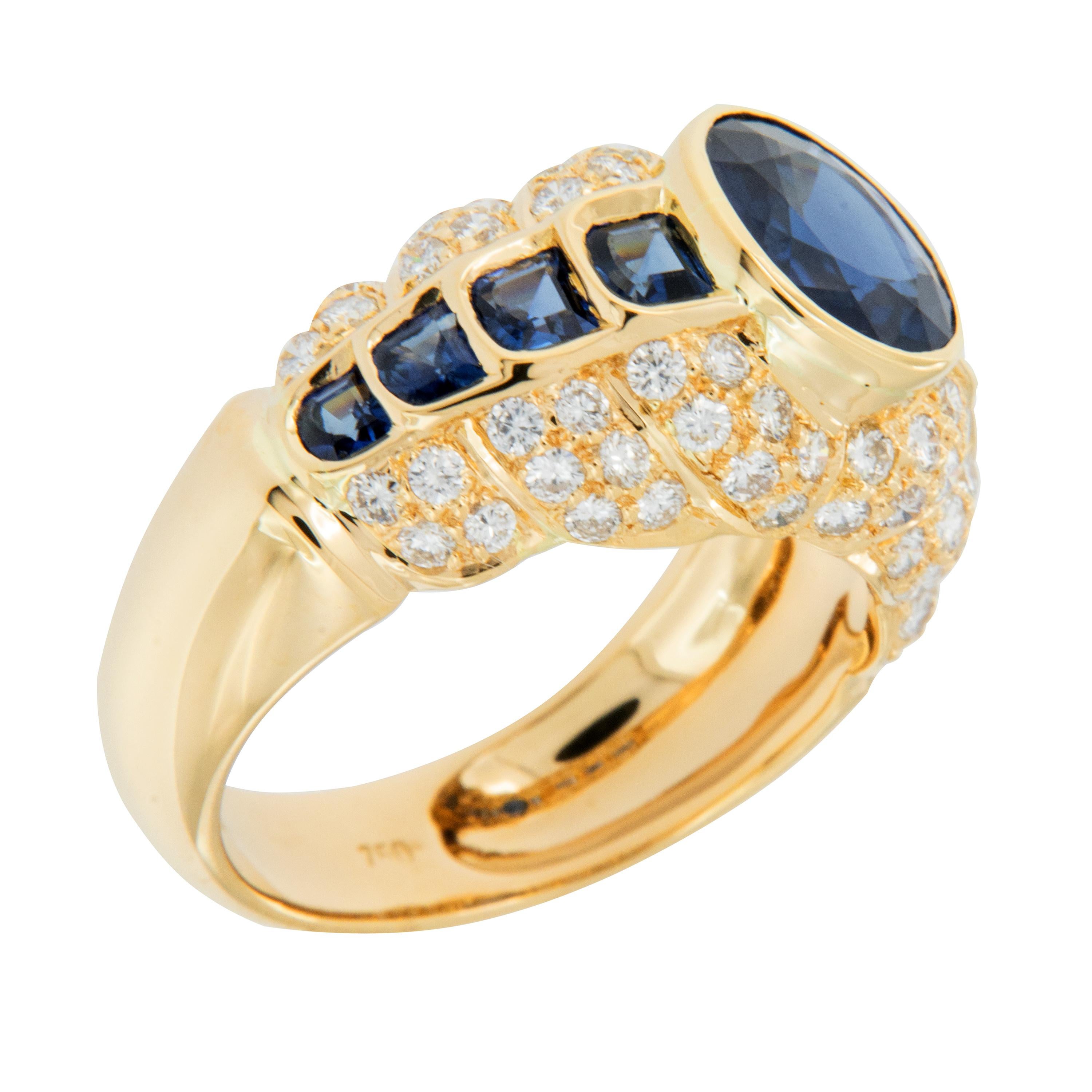  The ancient Persians believed that the earth rested on a giant sapphire and its reflection colored the sky. Own your own piece of the sky with this stunning sapphire & diamond ring! The graceful dome shape is accented with 1 oval blue sapphire & 8