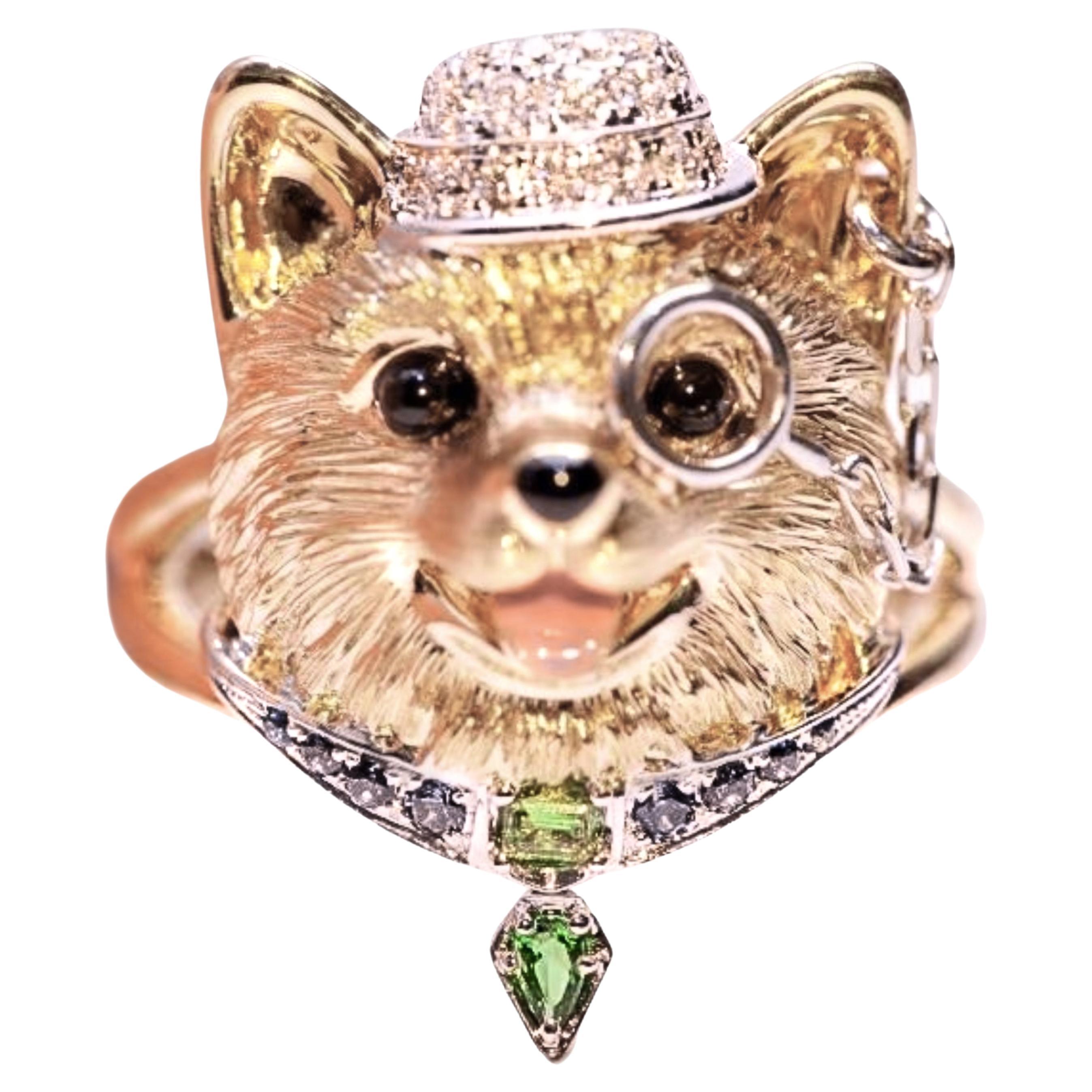 18K Gold Sapphire & Diamond & Tsavorite ‘Dog' Ring