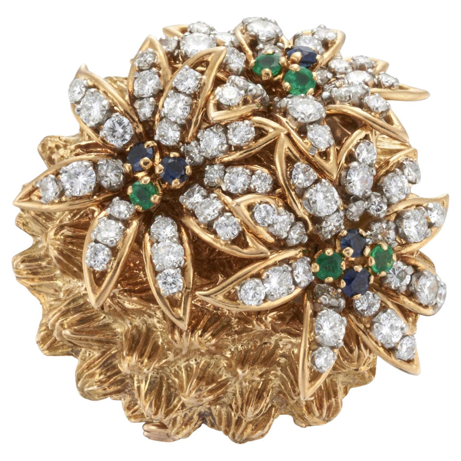 18K Gold Saphir Smaragd und Diamant Blume Brosche im Angebot