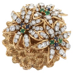 18K Gold Sapphire Emerald and Diamond Flower Brooch