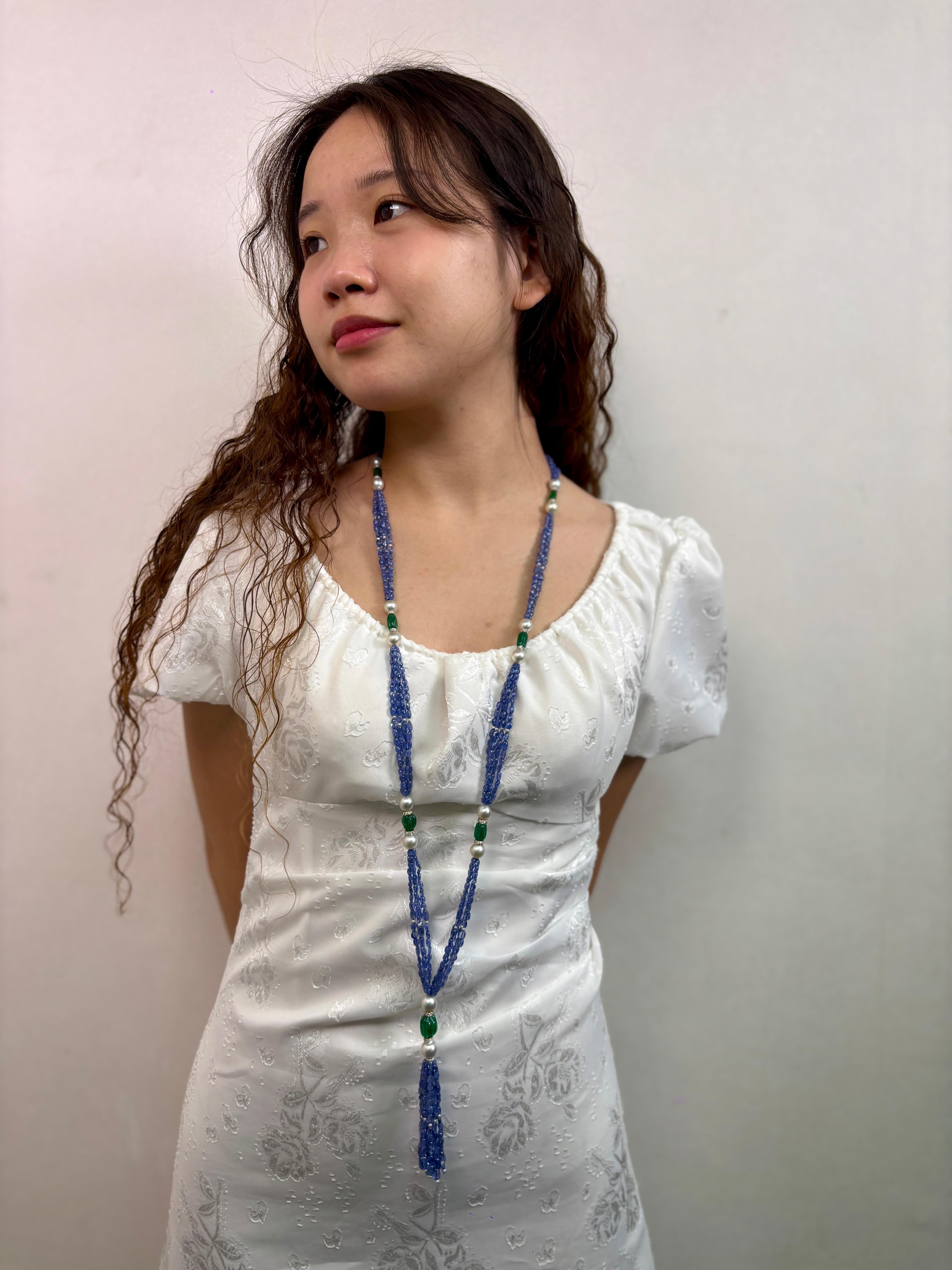 18k Gold Sapphire Emerald Long Beads Cts 373 Necklace with Pearl and Diamond Rou For Sale 4