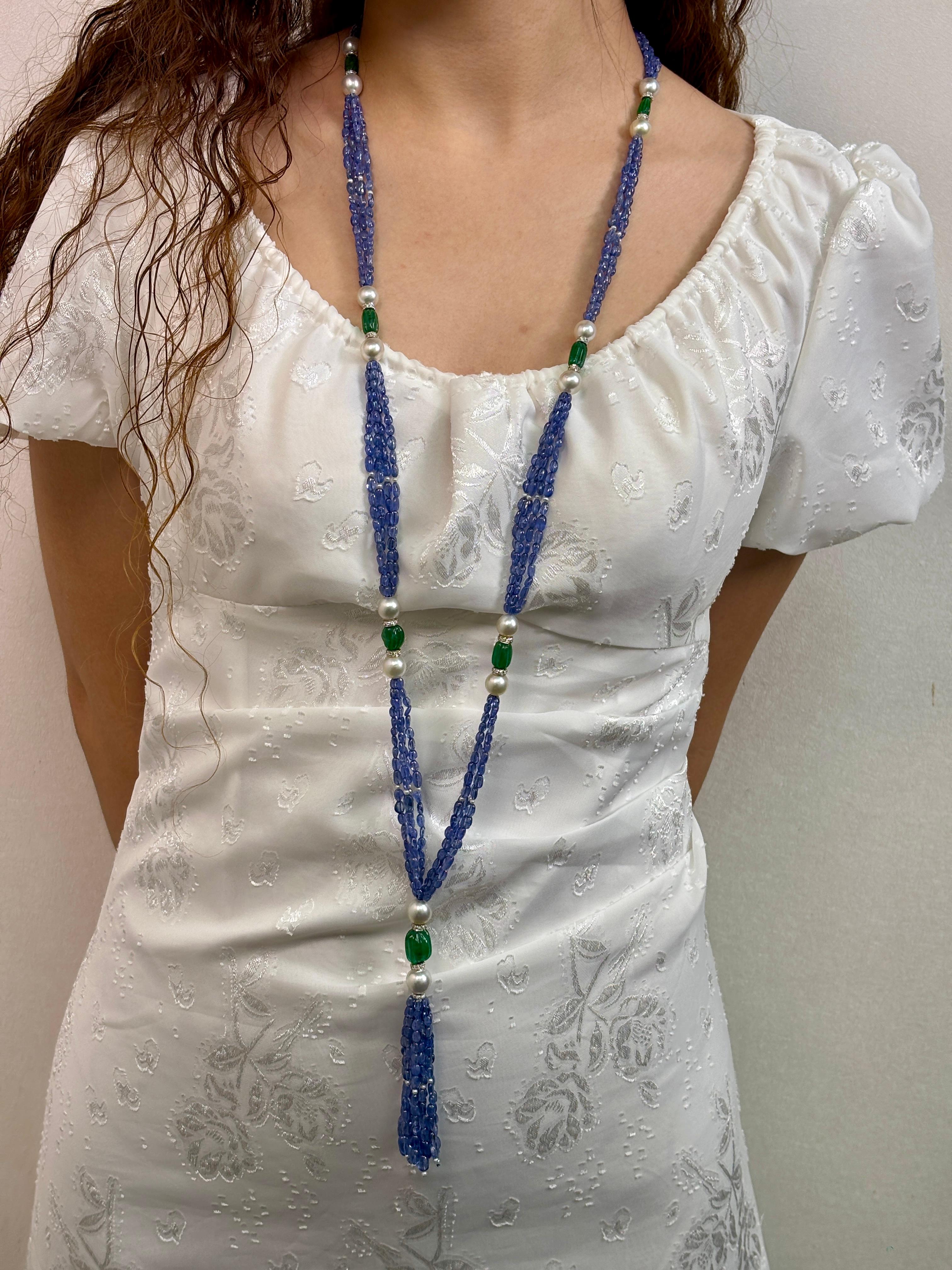 18k Gold Sapphire Emerald Long Beads Cts 373 Necklace with Pearl and Diamond Rou For Sale 5