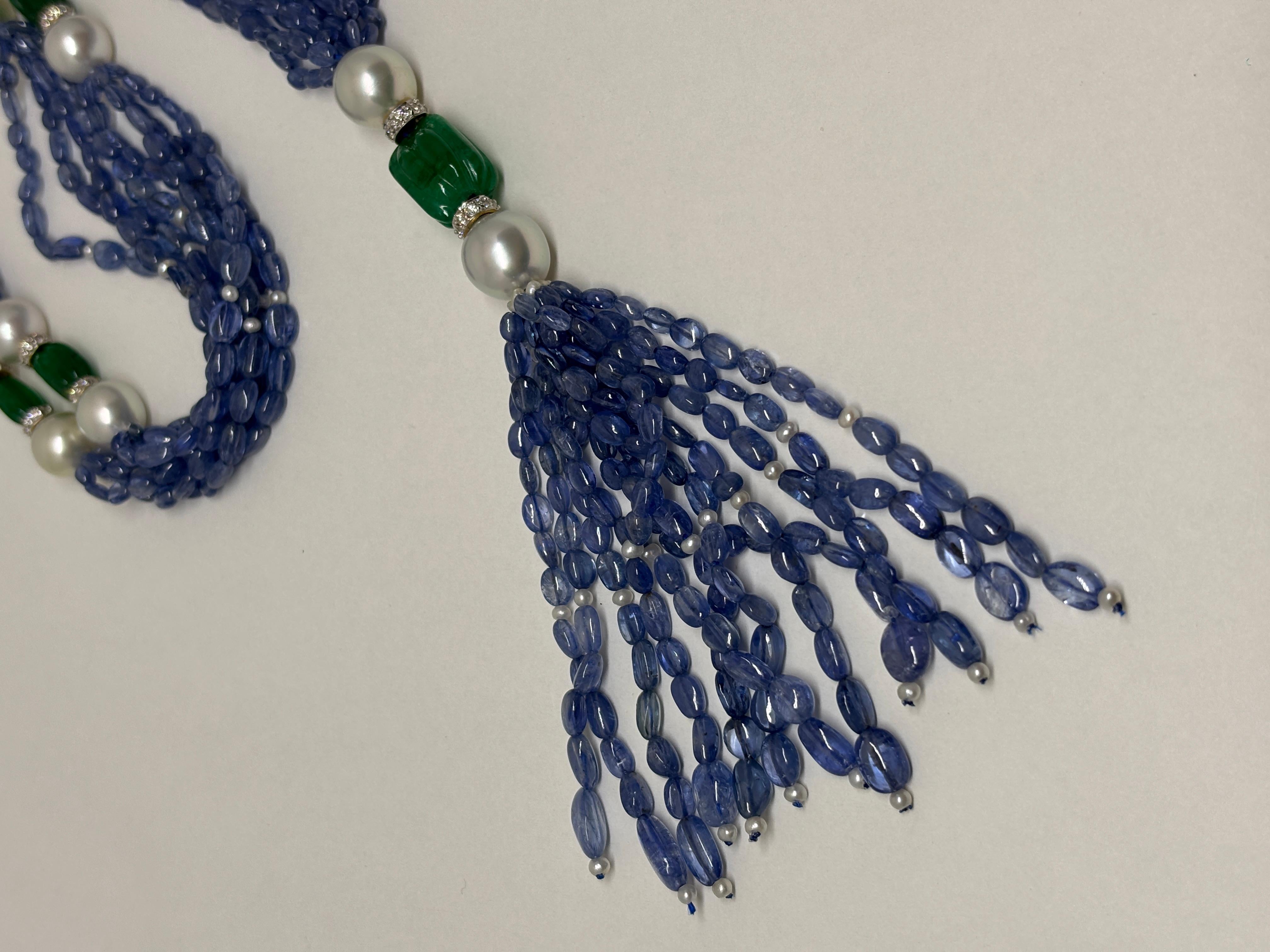 Contemporary 18k Gold Sapphire Emerald Long Beads Cts 373 Necklace with Pearl and Diamond Rou For Sale
