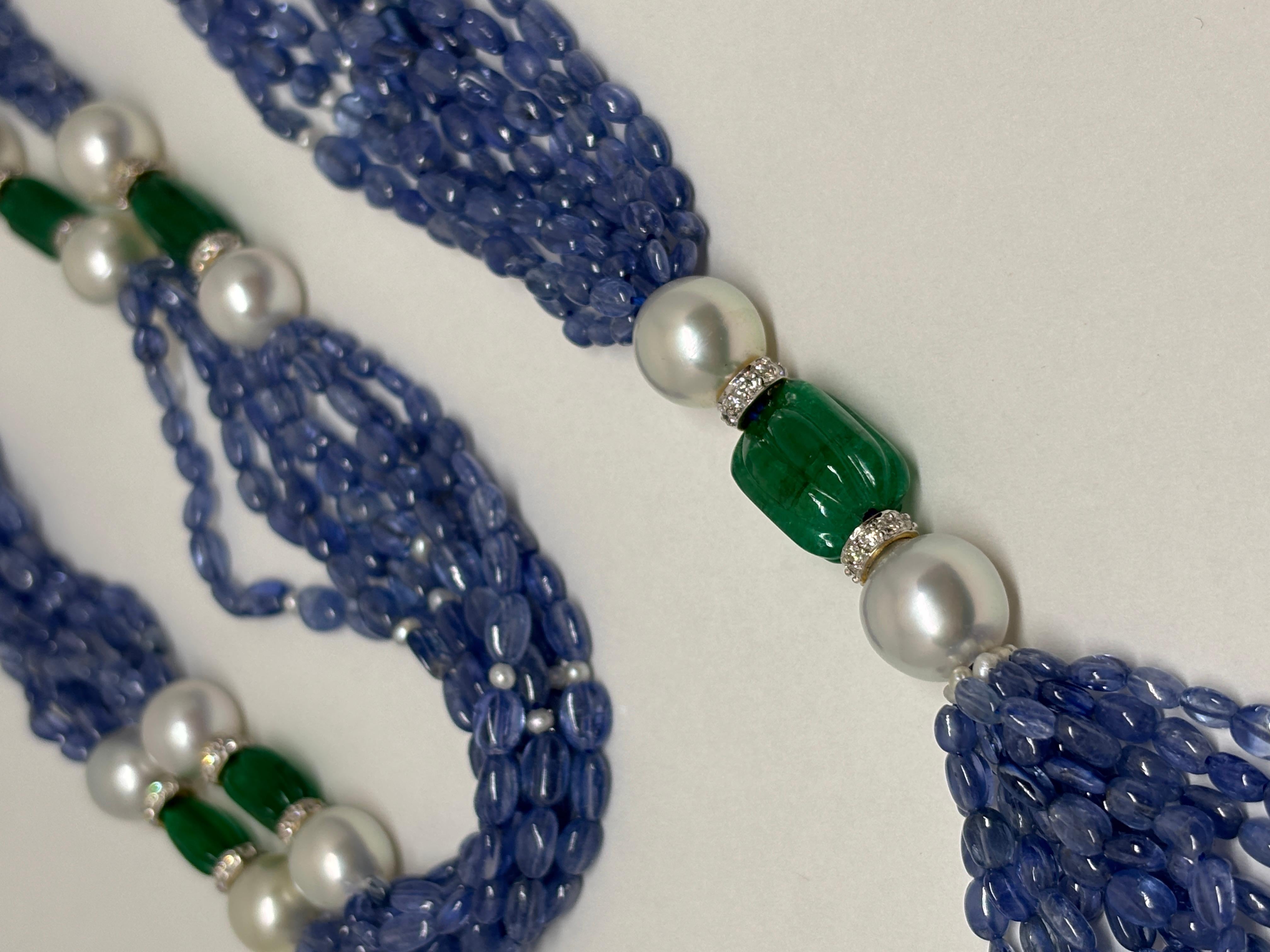 Round Cut 18k Gold Sapphire Emerald Long Beads Cts 373 Necklace with Pearl and Diamond Rou For Sale