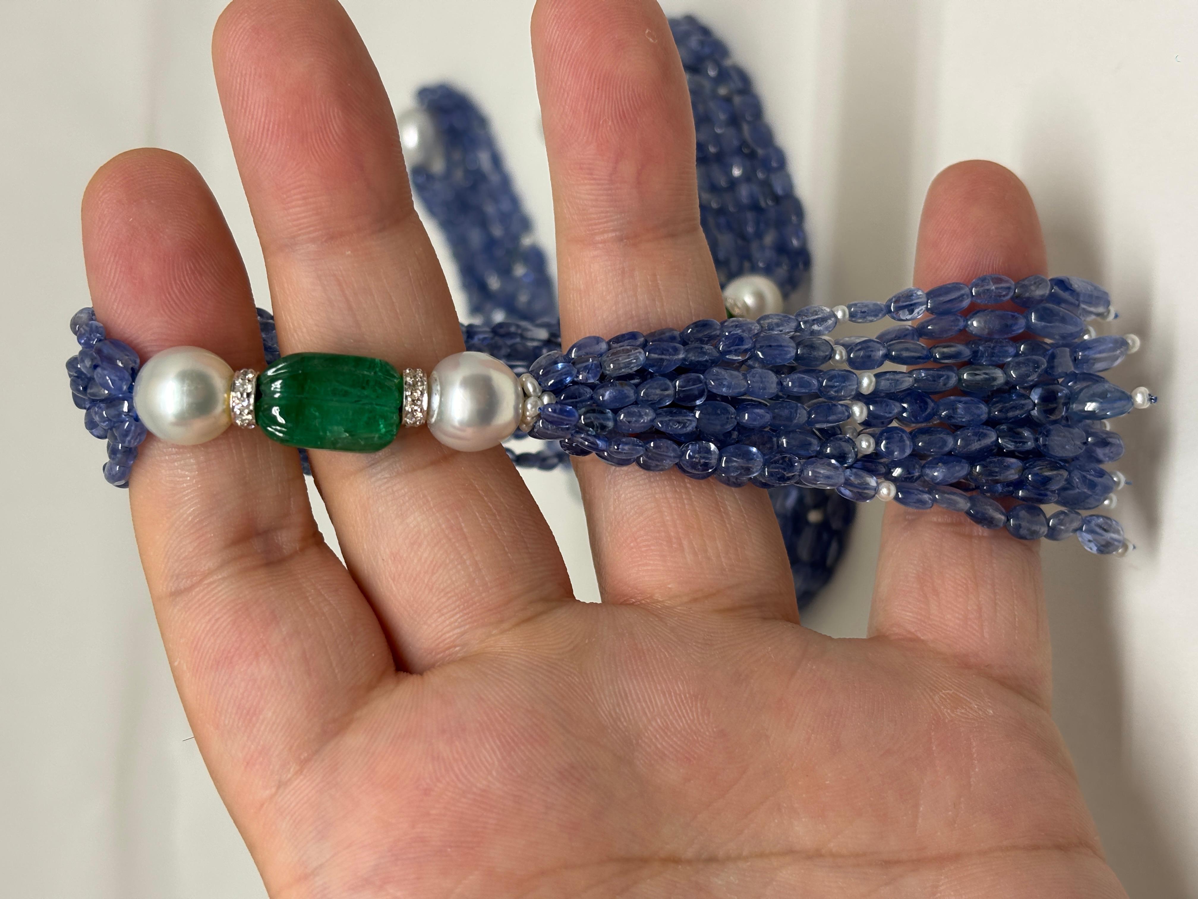 18k Gold Sapphire Emerald Long Beads Cts 373 Necklace with Pearl and Diamond Rou In New Condition For Sale In Hong Kong, HK