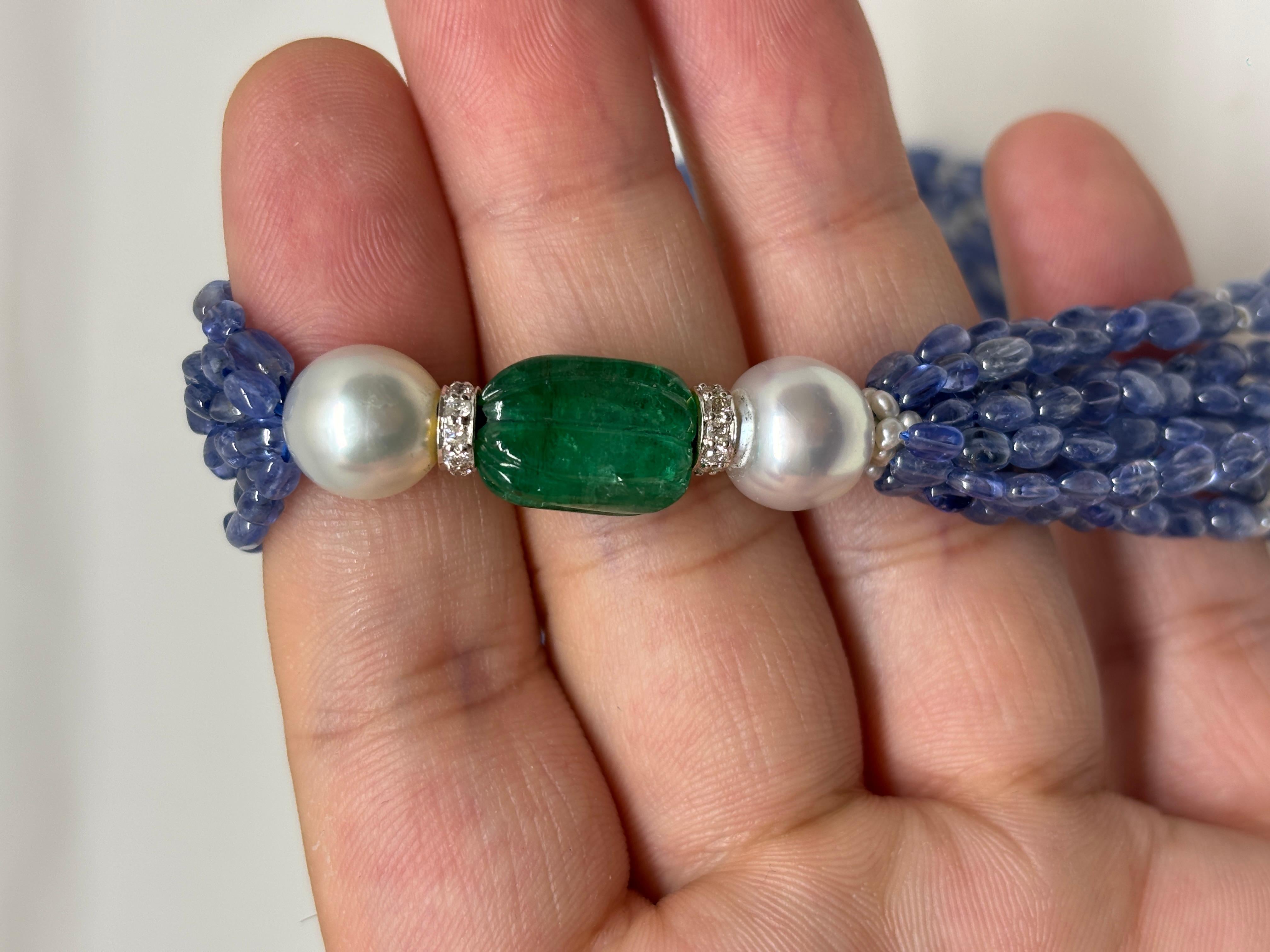 Women's or Men's 18k Gold Sapphire Emerald Long Beads Cts 373 Necklace with Pearl and Diamond Rou For Sale