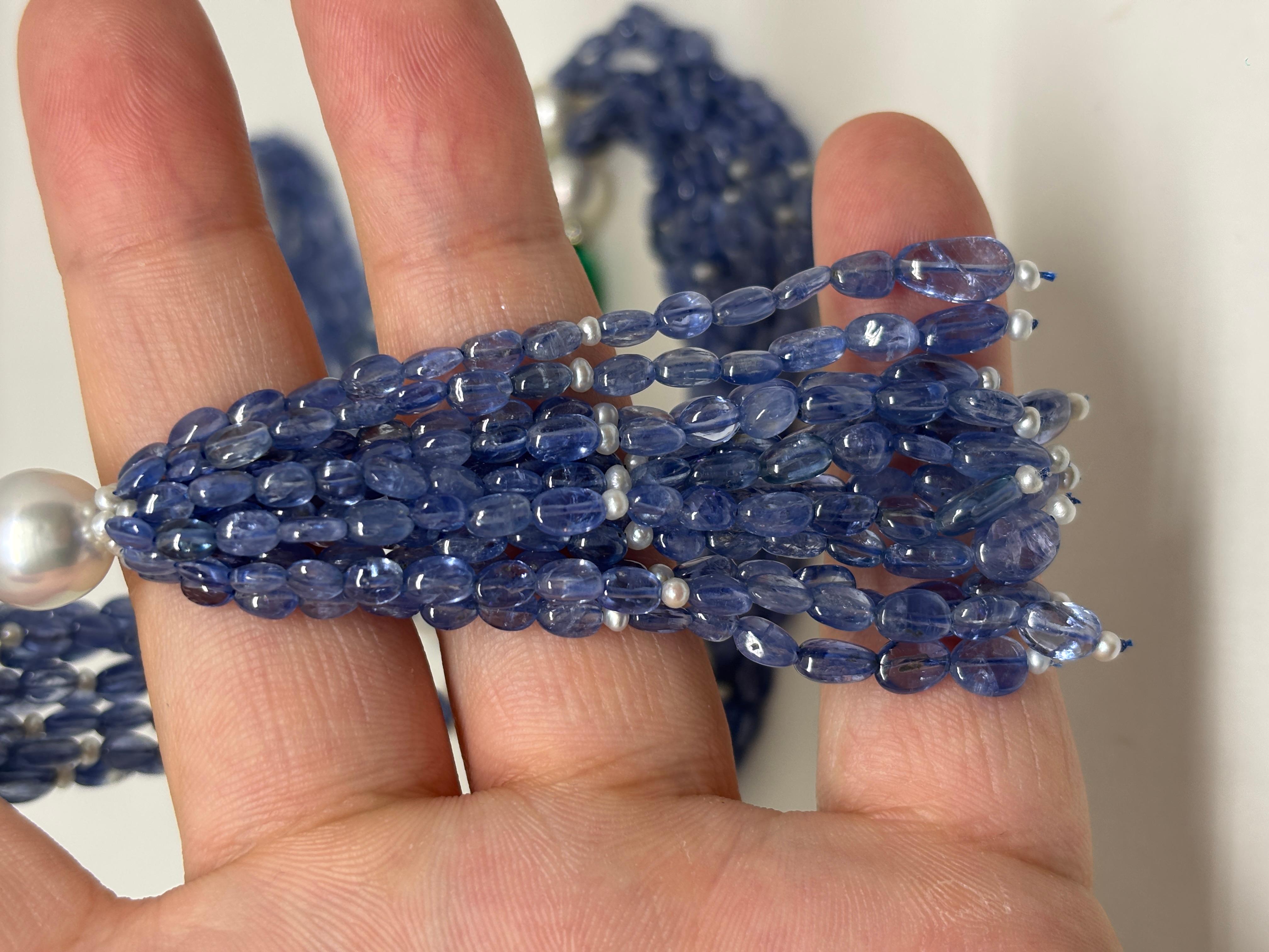 18k Gold Sapphire Emerald Long Beads Cts 373 Necklace with Pearl and Diamond Rou For Sale 1