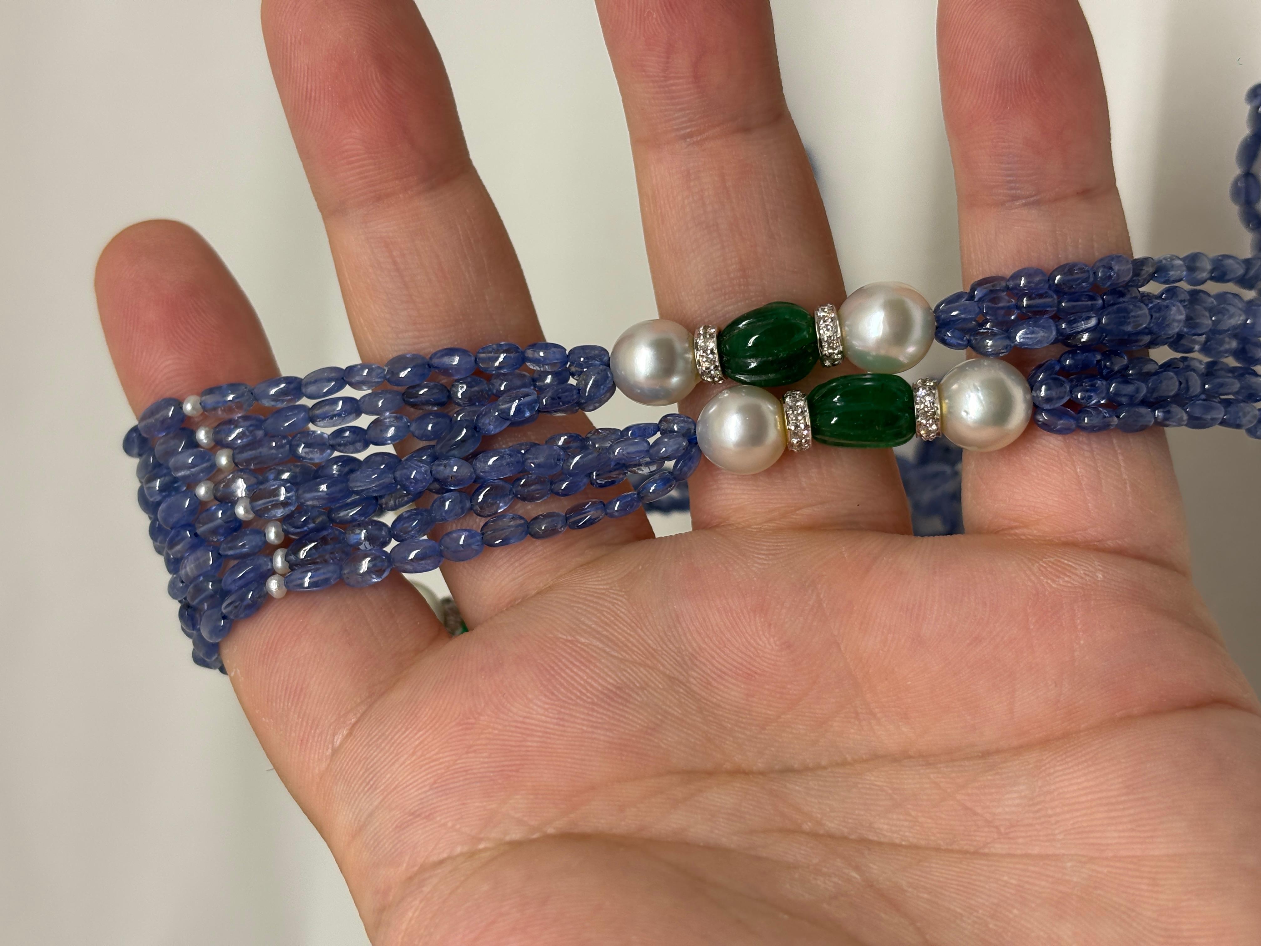 18k Gold Sapphire Emerald Long Beads Cts 373 Necklace with Pearl and Diamond Rou For Sale 2