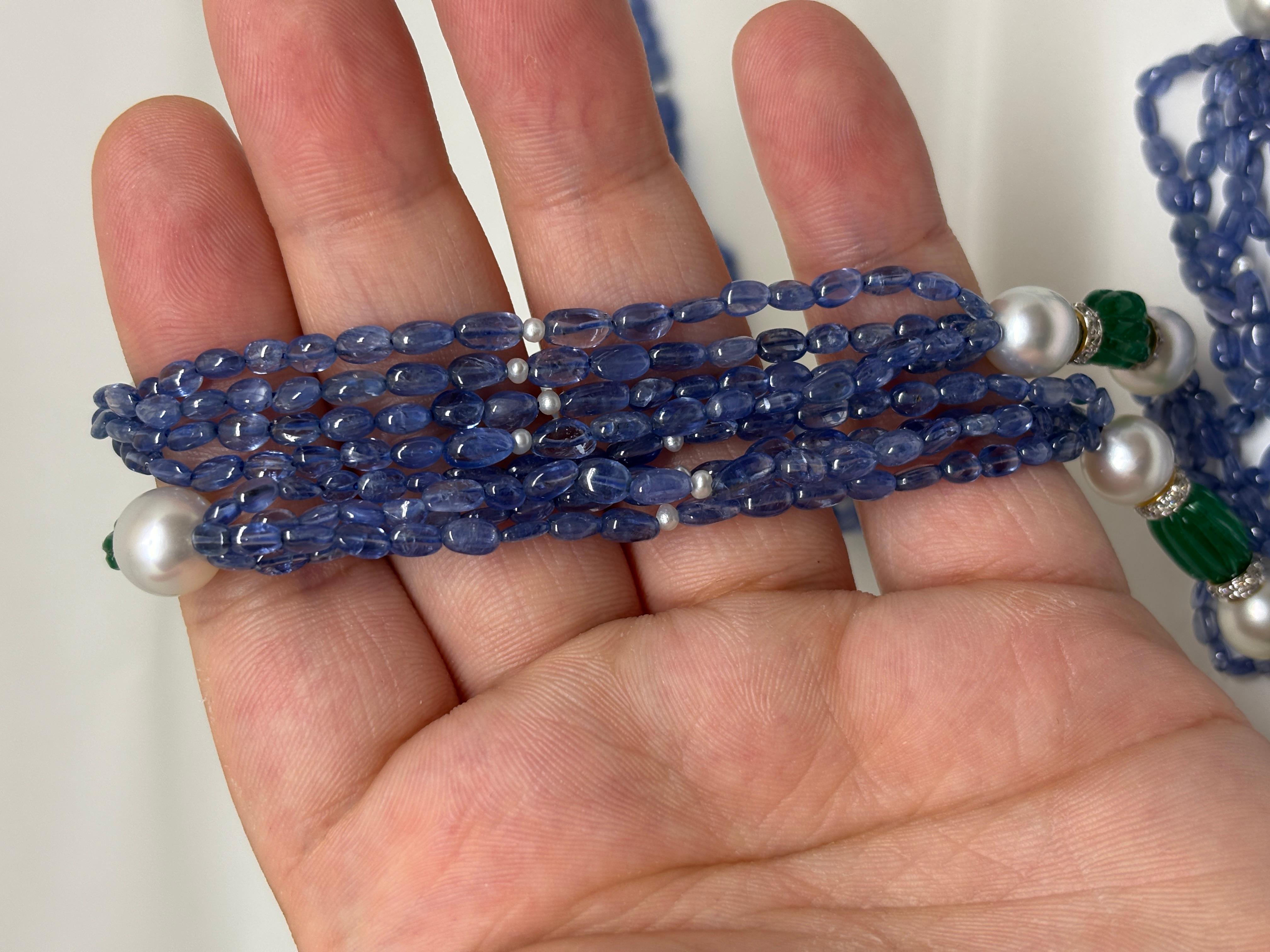 18k Gold Sapphire Emerald Long Beads Cts 373 Necklace with Pearl and Diamond Rou For Sale 3