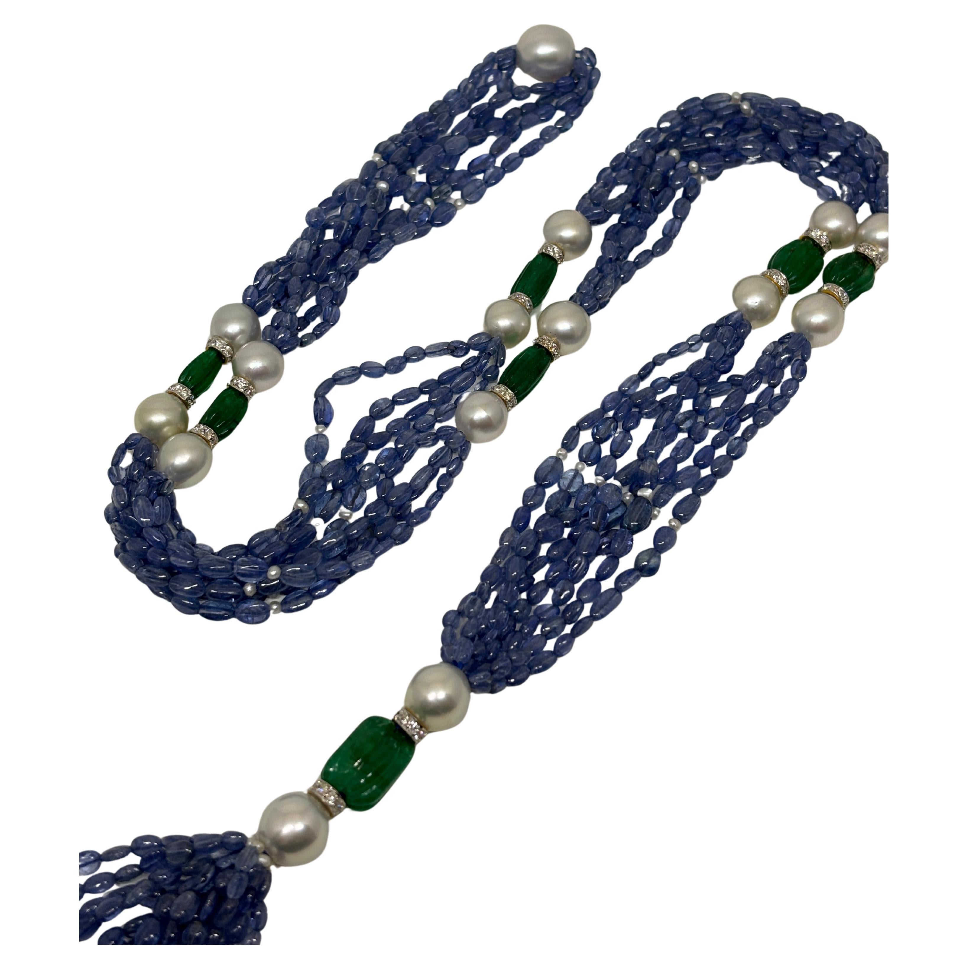 18k Gold Sapphire Emerald Long Beads Cts 373 Necklace with Pearl and Diamond Rou For Sale