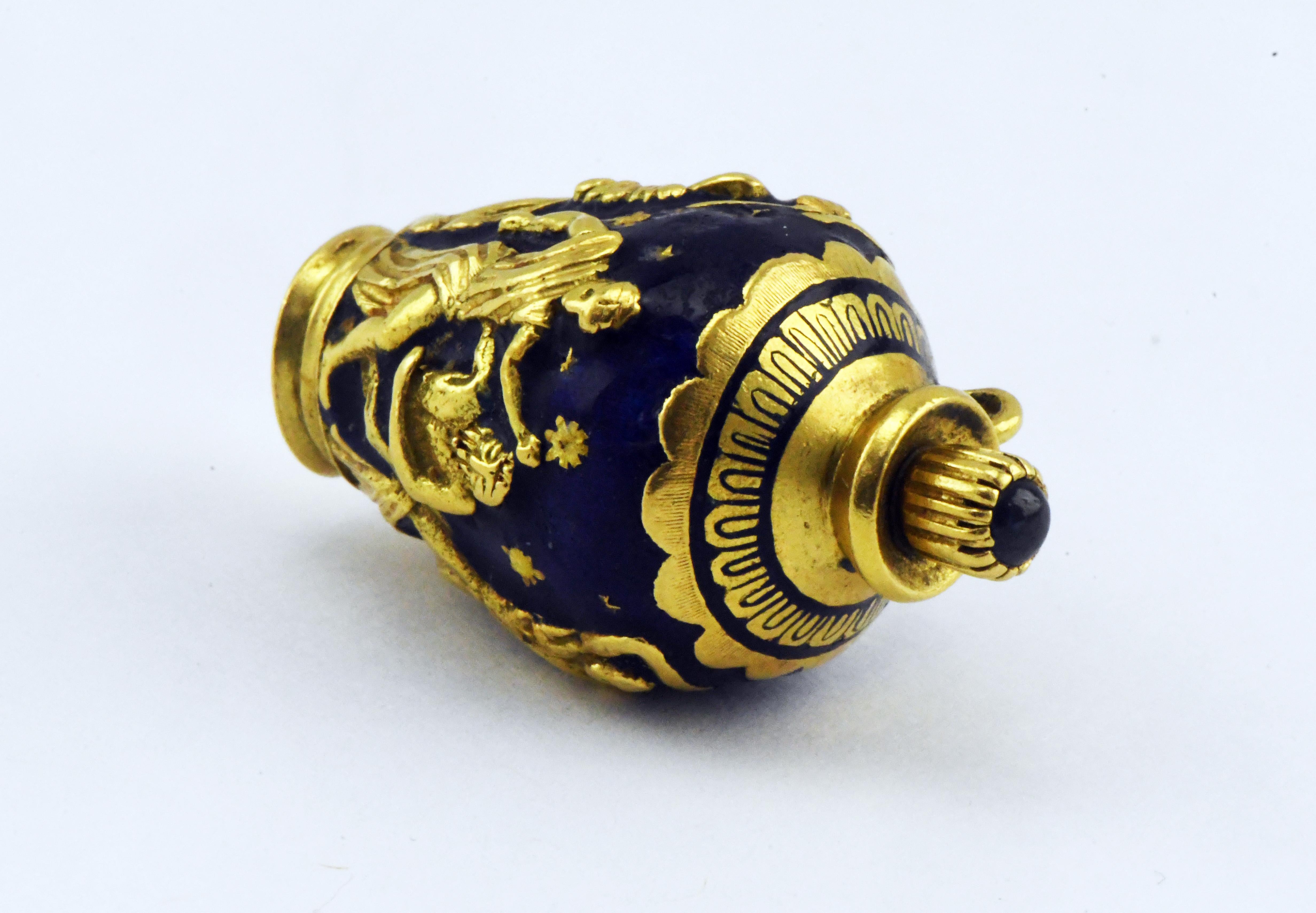 18k Yellow Gold Enameled Brevetto & Cabochon Sapphire Italian Perfume Bottle Charm.  Greek Roman Vase Style. Piece is heavy and weighs 17.7 grams The enamel is good and the lid closes snug. The piece is signed but not sure of the maker.  the charm