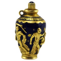 18K Gold & Sapphire Enameled Brevetto Italian Perfume Bottle Greek Vase Pendant