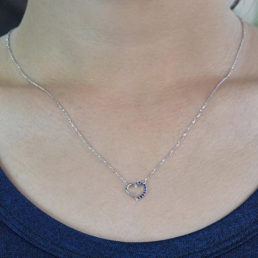18k Gold Sapphire Necklace Dainty Heart Charm Necklace Valentine Jewelry For Sale 1