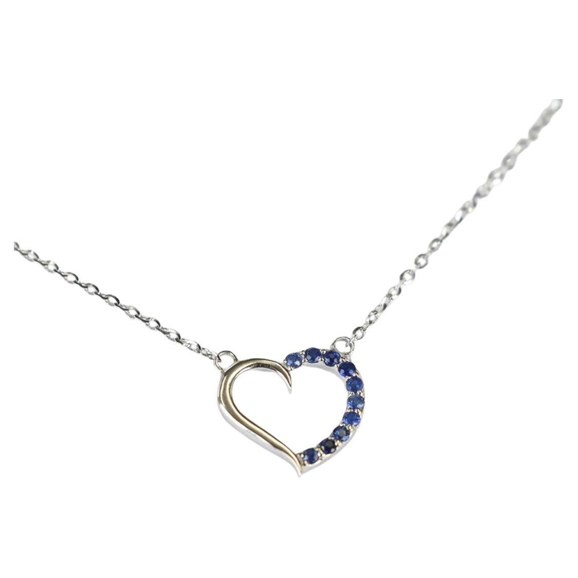 18k Gold Sapphire Necklace Dainty Heart Charm Necklace Valentine Jewelry For Sale