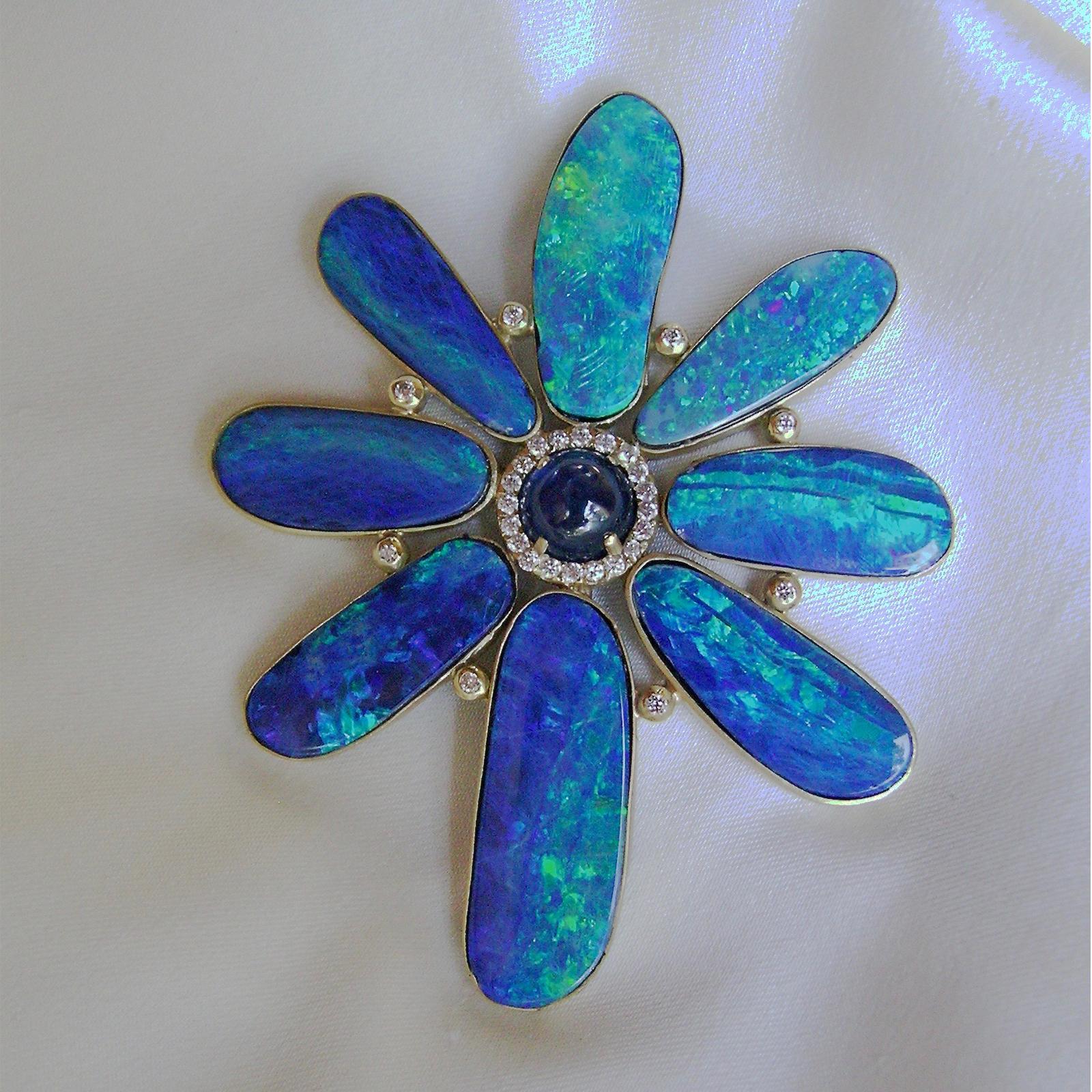 Artisan 18k Gold, Sapphire, Opal & Diamond Large Flower Pendant For Sale