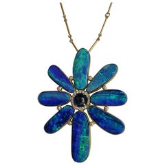 18k Gold, Sapphire, Opal & Diamond Large Flower Pendant