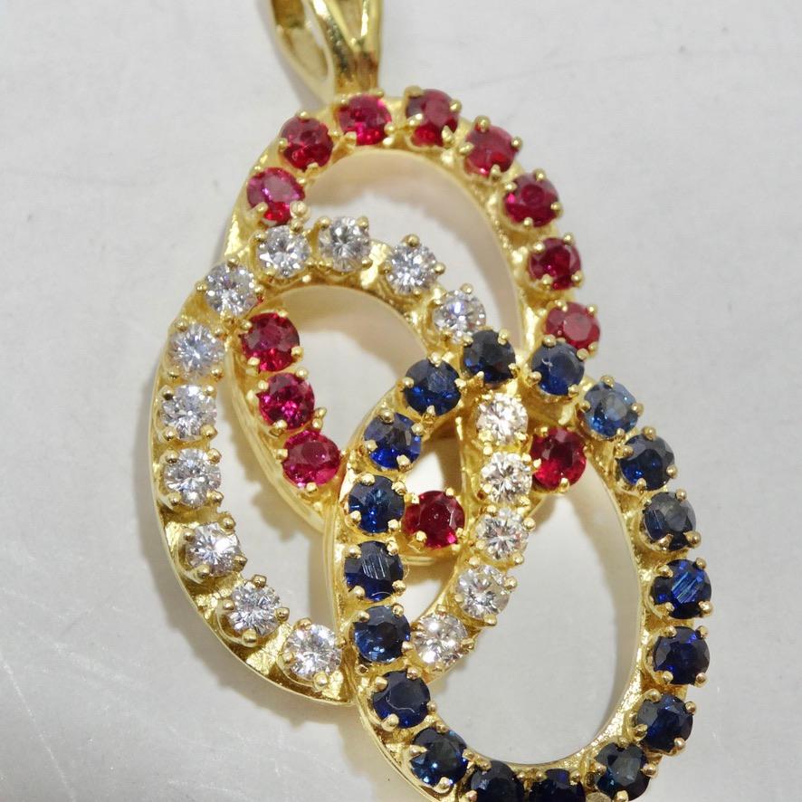 Round Cut 18K Gold Sapphire Ruby and Diamond Pendent For Sale