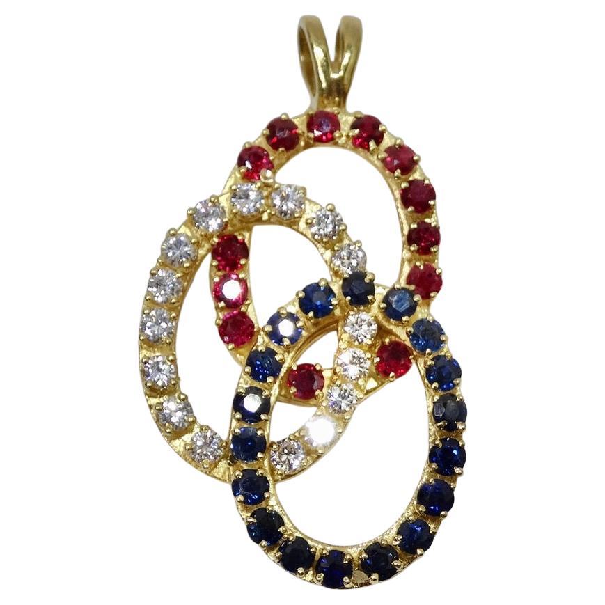 18K Gold Sapphire Ruby and Diamond Pendent For Sale