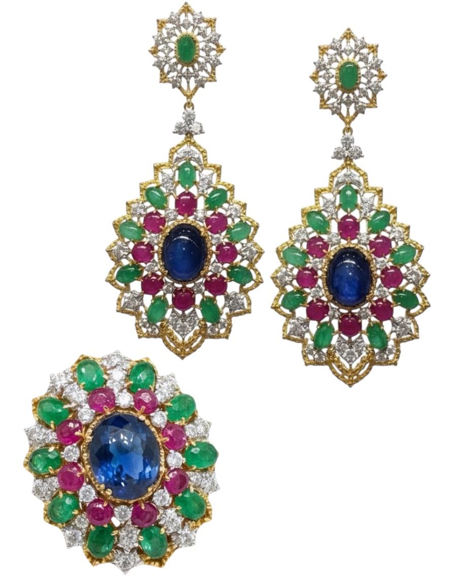 Or 18K Saphir Rubis Émeraude Cabochon Diamant Ensemble de boucles d'oreilles et de bagues en vente 5
