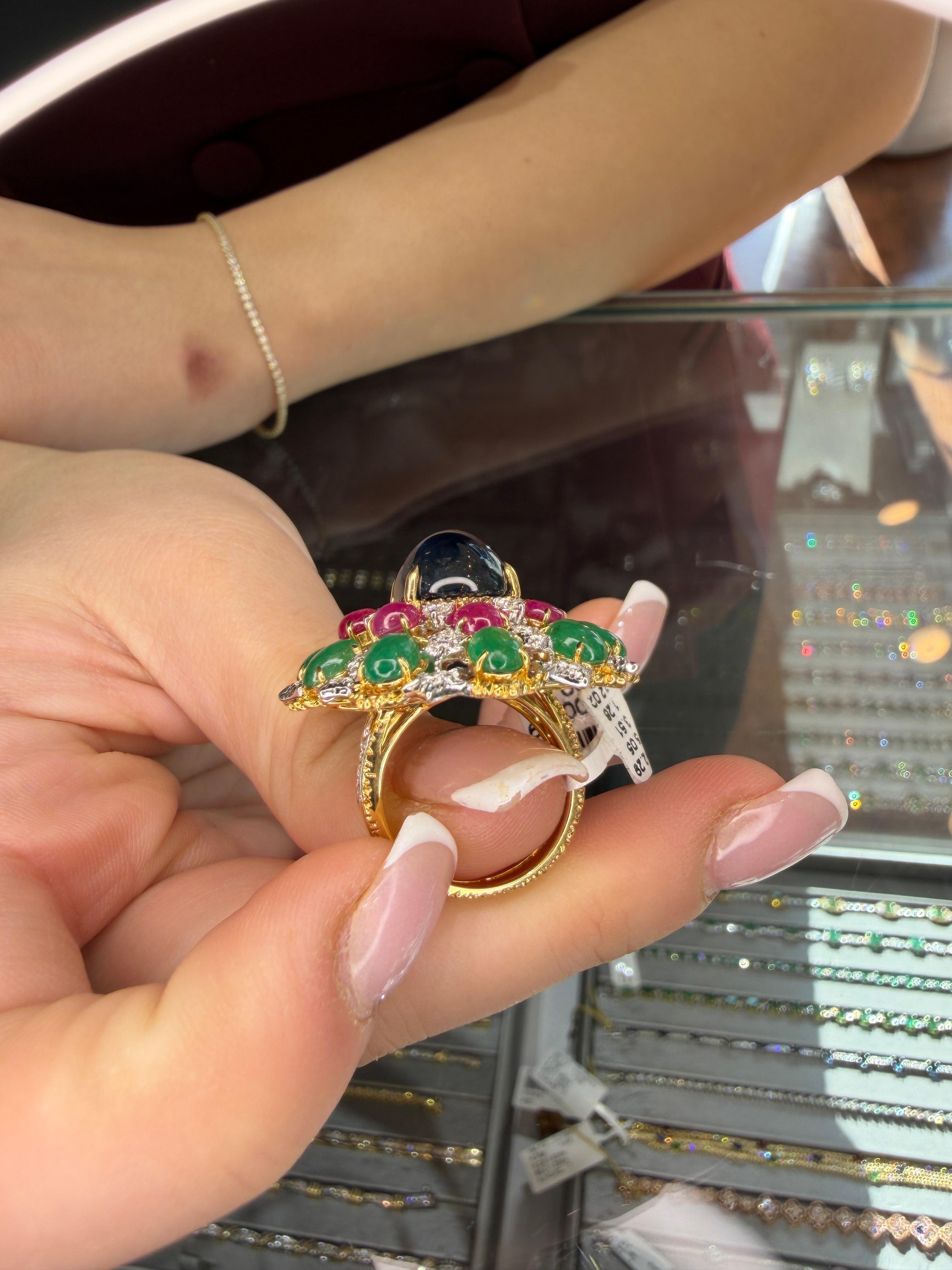 Or 18K Saphir Rubis Émeraude Cabochon Diamant Ensemble de boucles d'oreilles et de bagues en vente 8