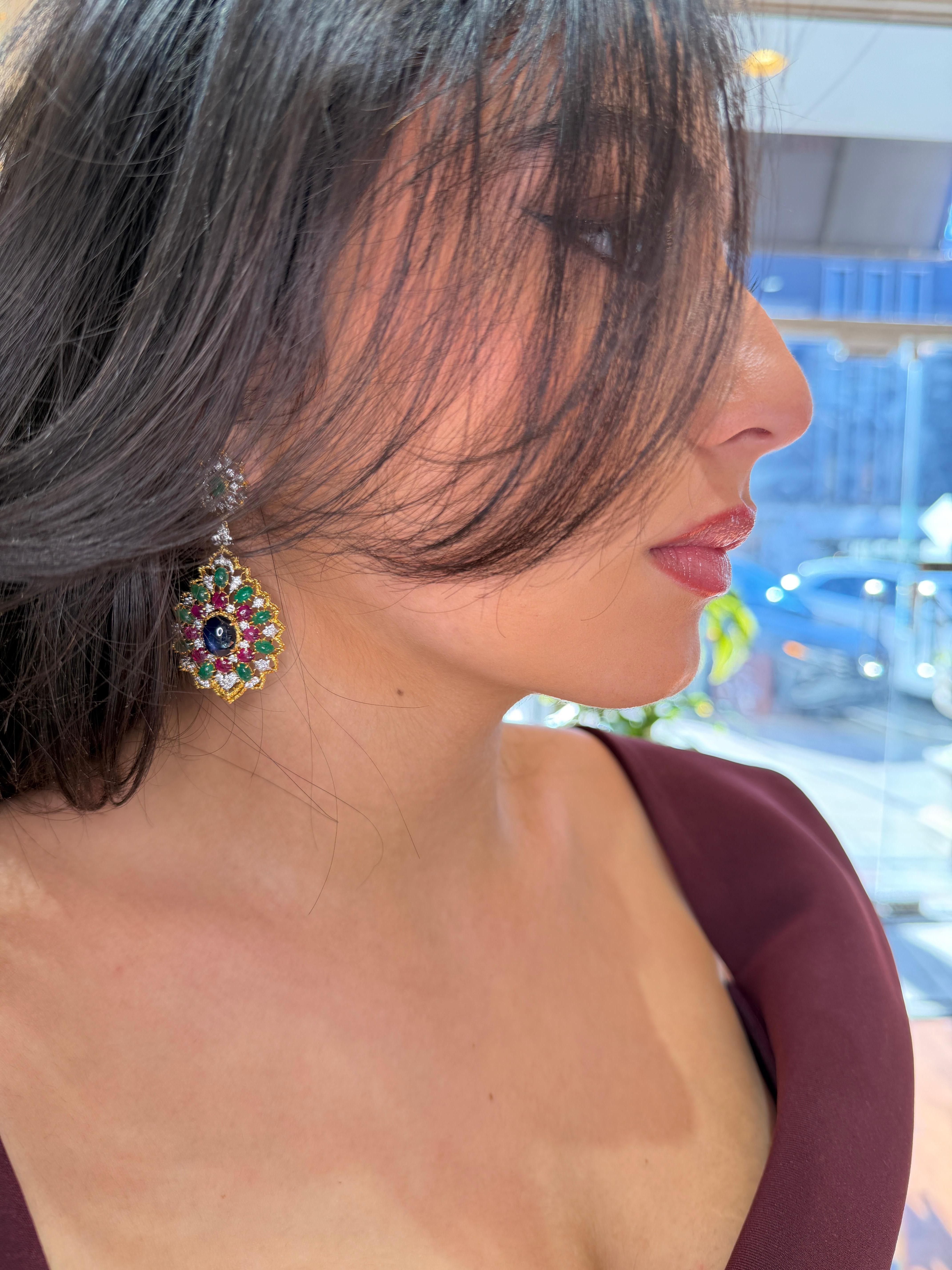 Or 18K Saphir Rubis Émeraude Cabochon Diamant Ensemble de boucles d'oreilles et de bagues en vente 9