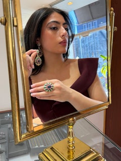 18K Gold Sapphire Ruby Emerald Cabochon Diamond Jewelry Suite Earring & Ring Set