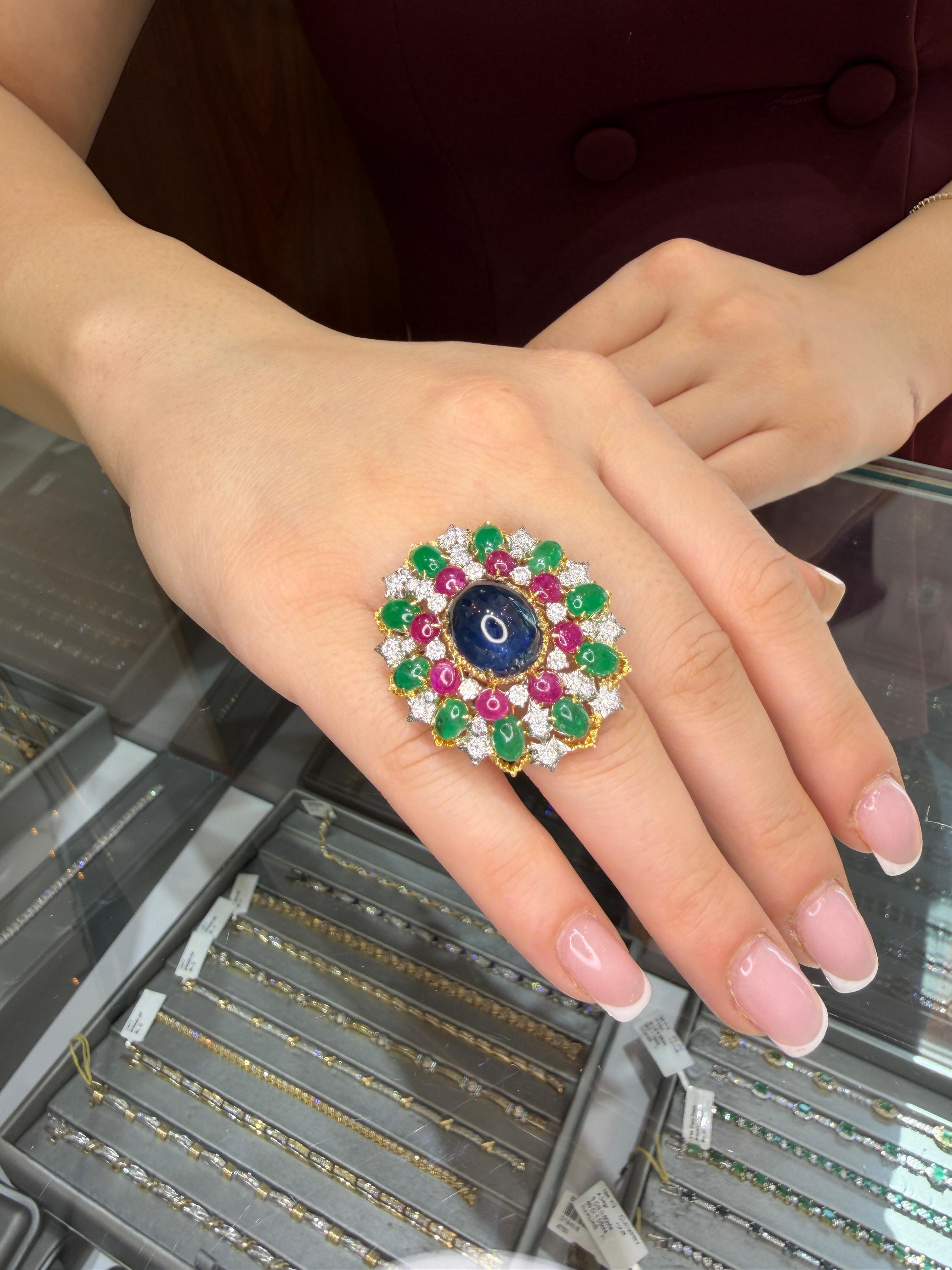 Moderniste Or 18K Saphir Rubis Émeraude Cabochon Diamant Ensemble de boucles d'oreilles et de bagues en vente