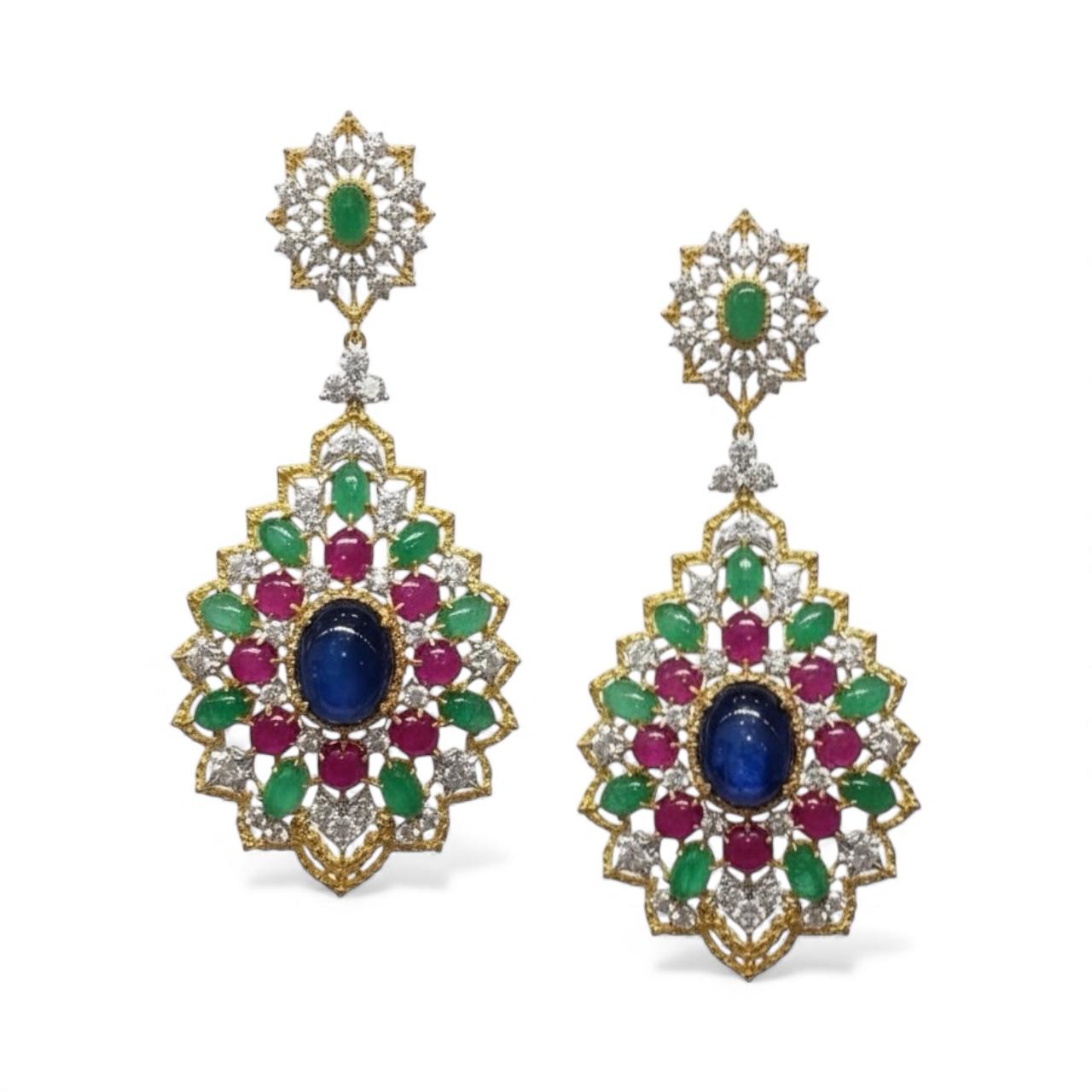 Or 18K Saphir Rubis Émeraude Cabochon Diamant Ensemble de boucles d'oreilles et de bagues Pour femmes en vente