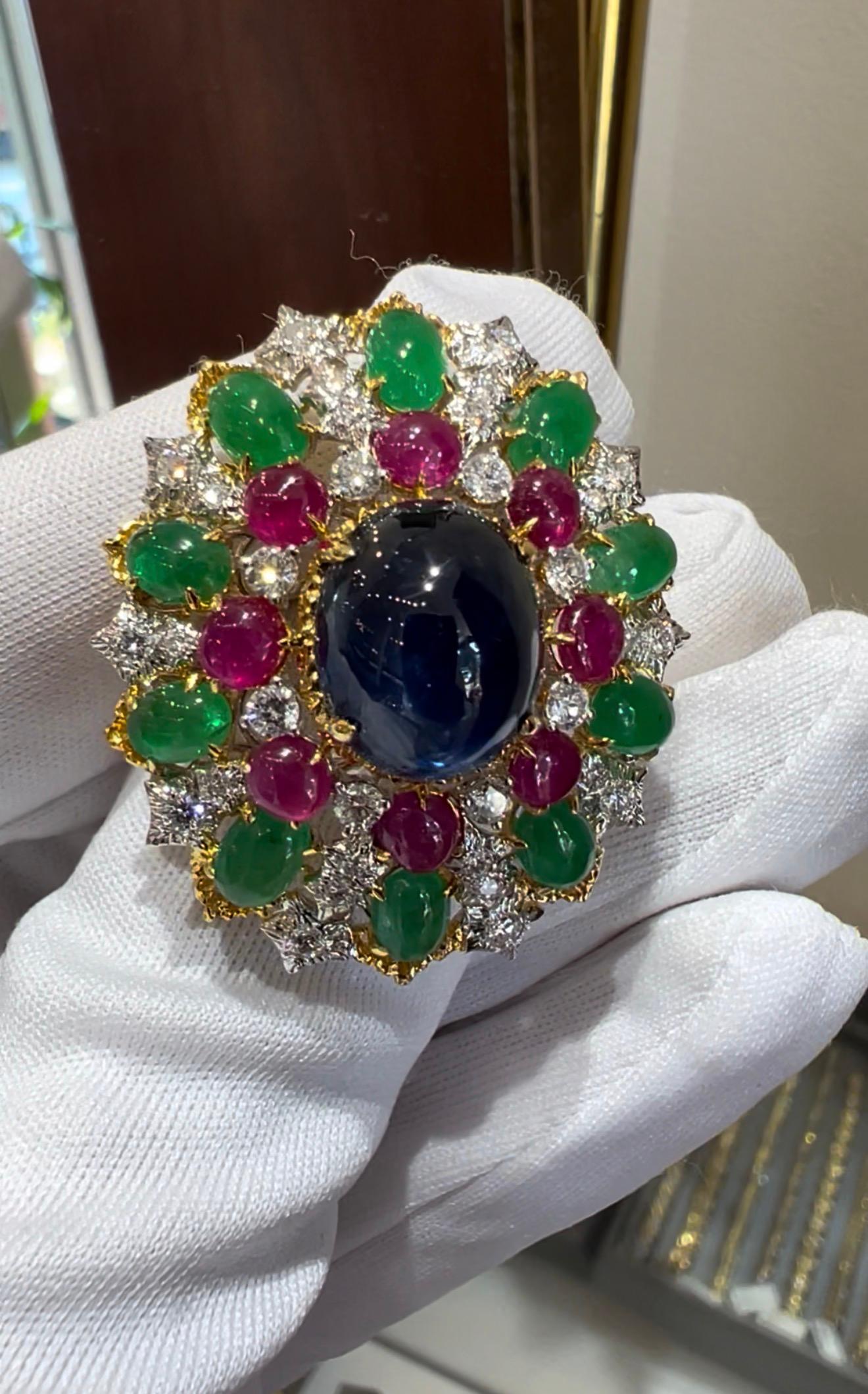 Or 18K Saphir Rubis Émeraude Cabochon Diamant Ensemble de boucles d'oreilles et de bagues en vente 2