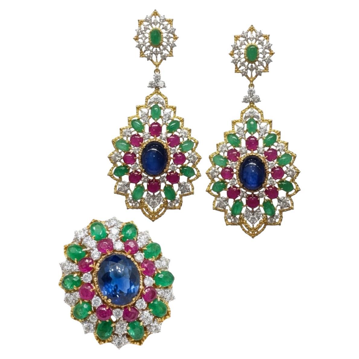 18K Gold Sapphire Ruby Emerald Cabochon Diamond Jewelry Suite Earring 
Ring Set