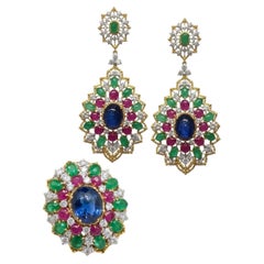 18K Gold Sapphire Ruby Emerald Cabochon Diamond Jewelry Suite Earring
Ring Set