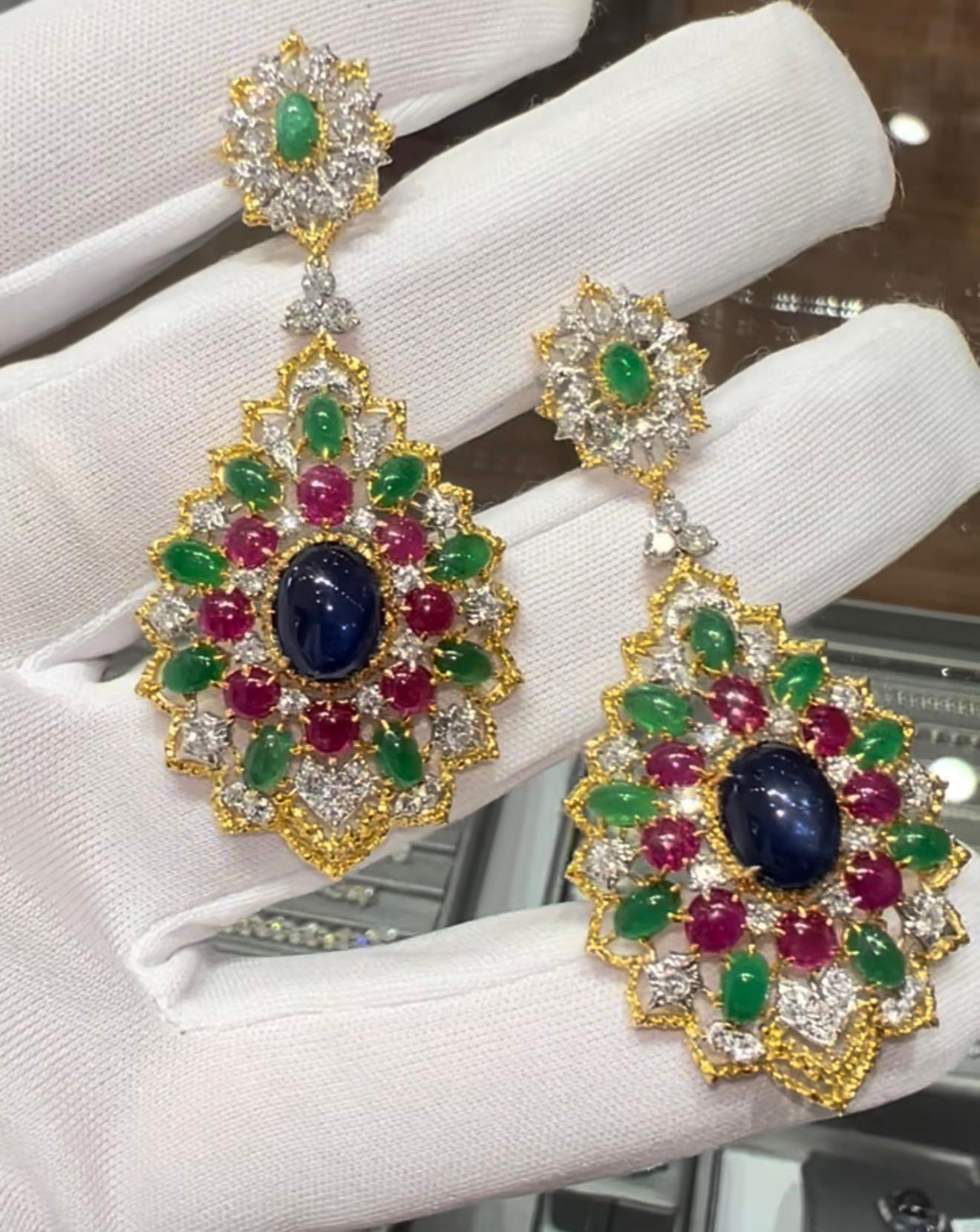 18K Gold Sapphire Ruby Emerald Cabochon Earrings with Diamonds, Persian Style in vendita 5
