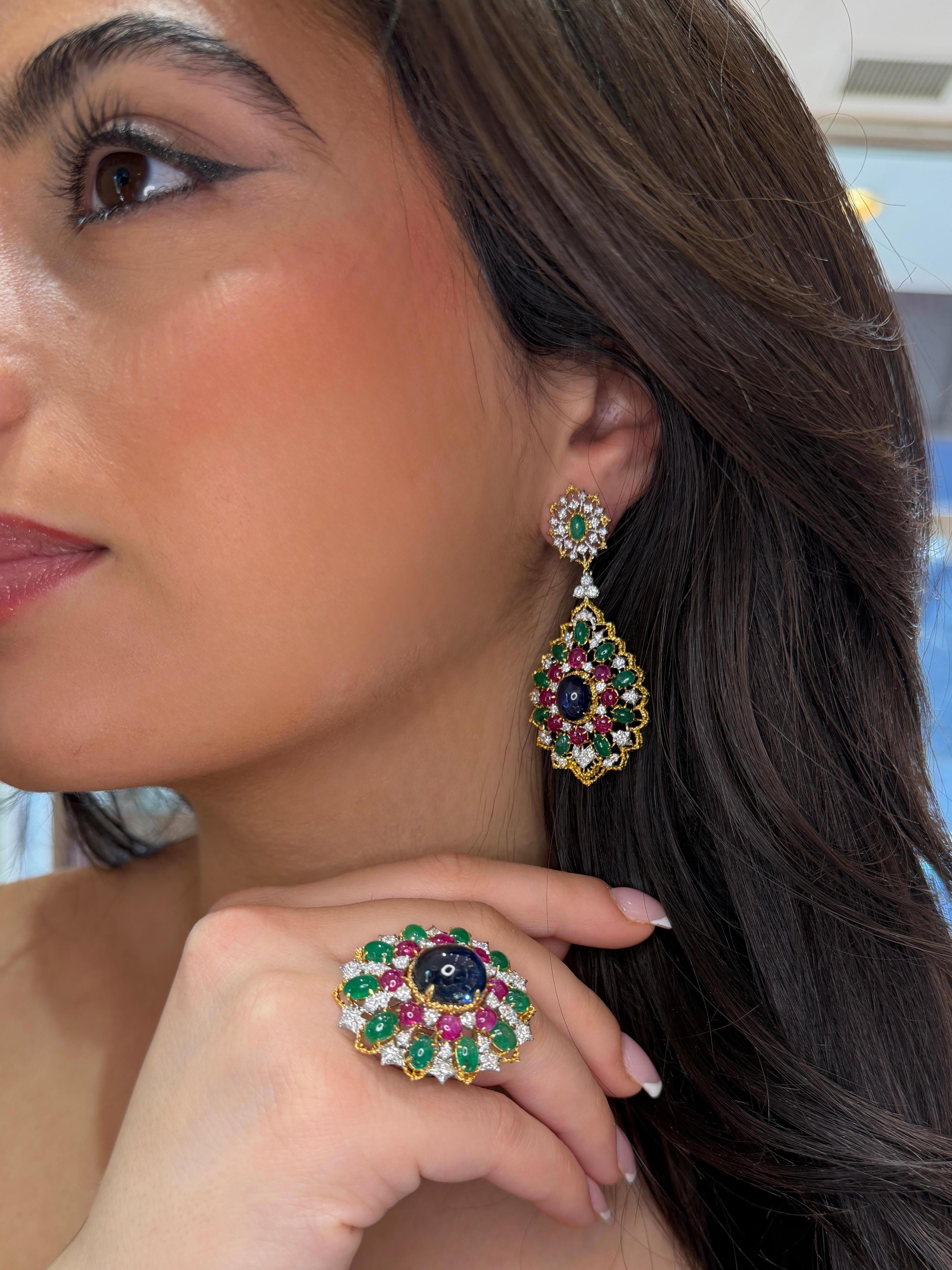 Modernista 18K Gold Sapphire Ruby Emerald Cabochon Earrings with Diamonds, Persian Style in vendita