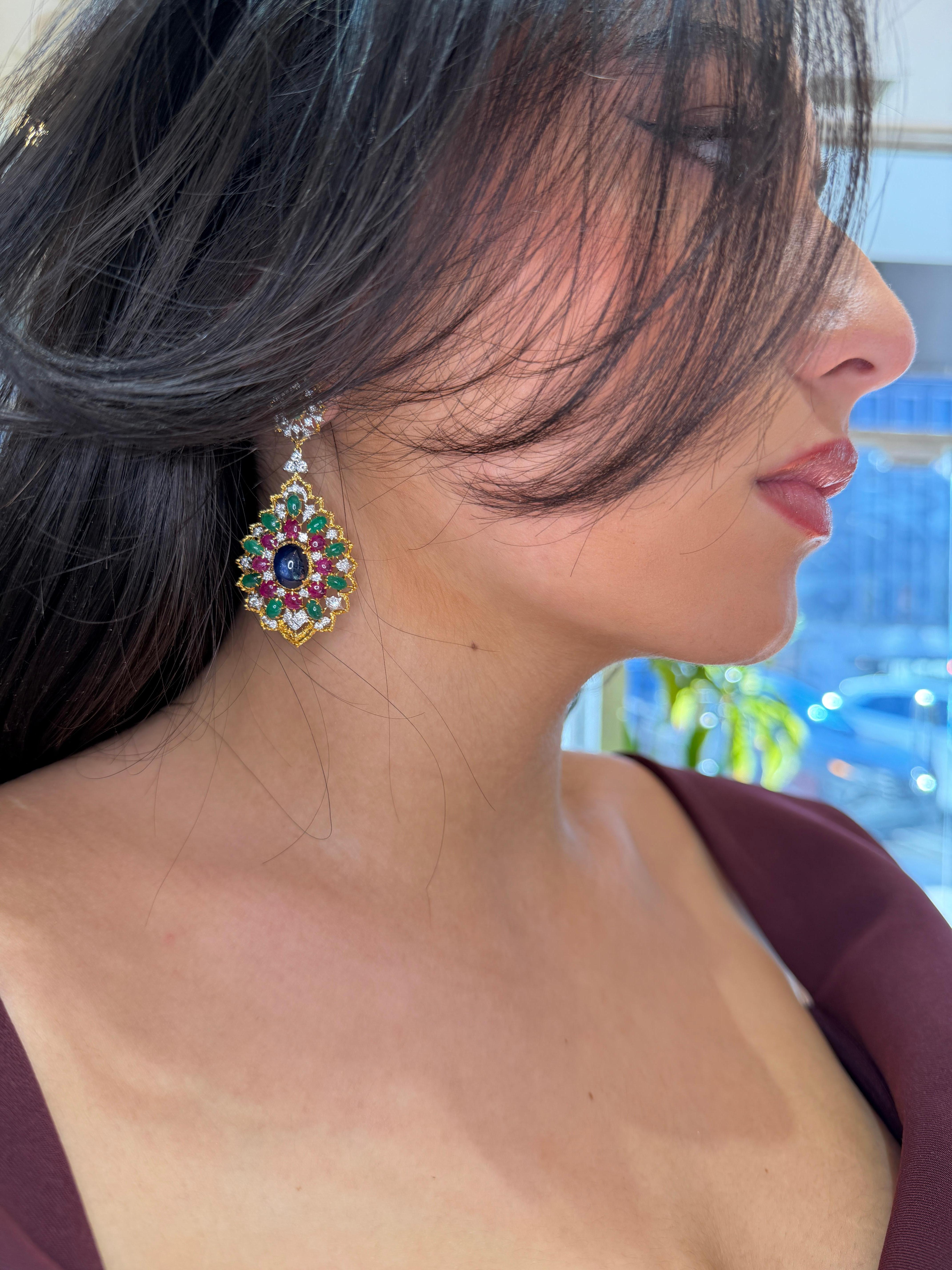 18K Gold Sapphire Ruby Emerald Cabochon Earrings with Diamonds, Persian Style In condizioni Nuovo in vendita a Great Neck, NY