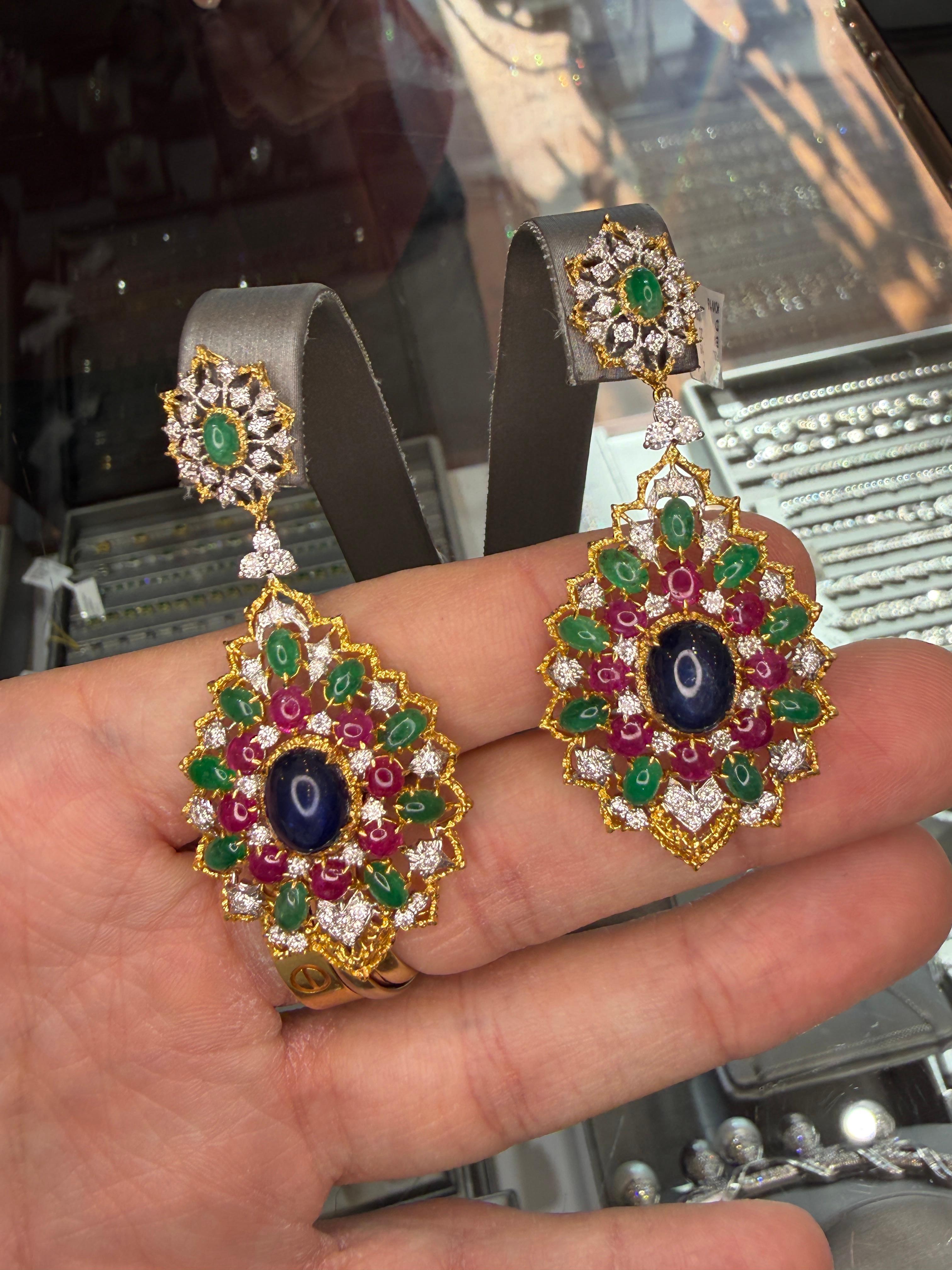 Donna 18K Gold Sapphire Ruby Emerald Cabochon Earrings with Diamonds, Persian Style in vendita