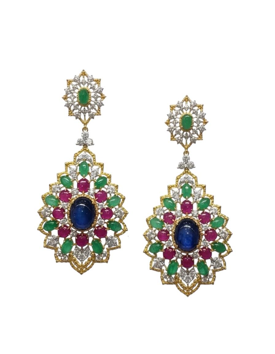 18K Gold Sapphire Ruby Emerald Cabochon Earrings with Diamonds, Persian Style in vendita 1