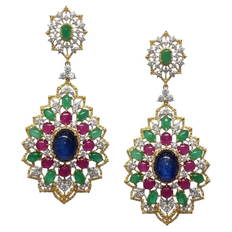 18K Gold Sapphire Ruby Emerald Cabochon Earrings with Diamonds, Persian Style