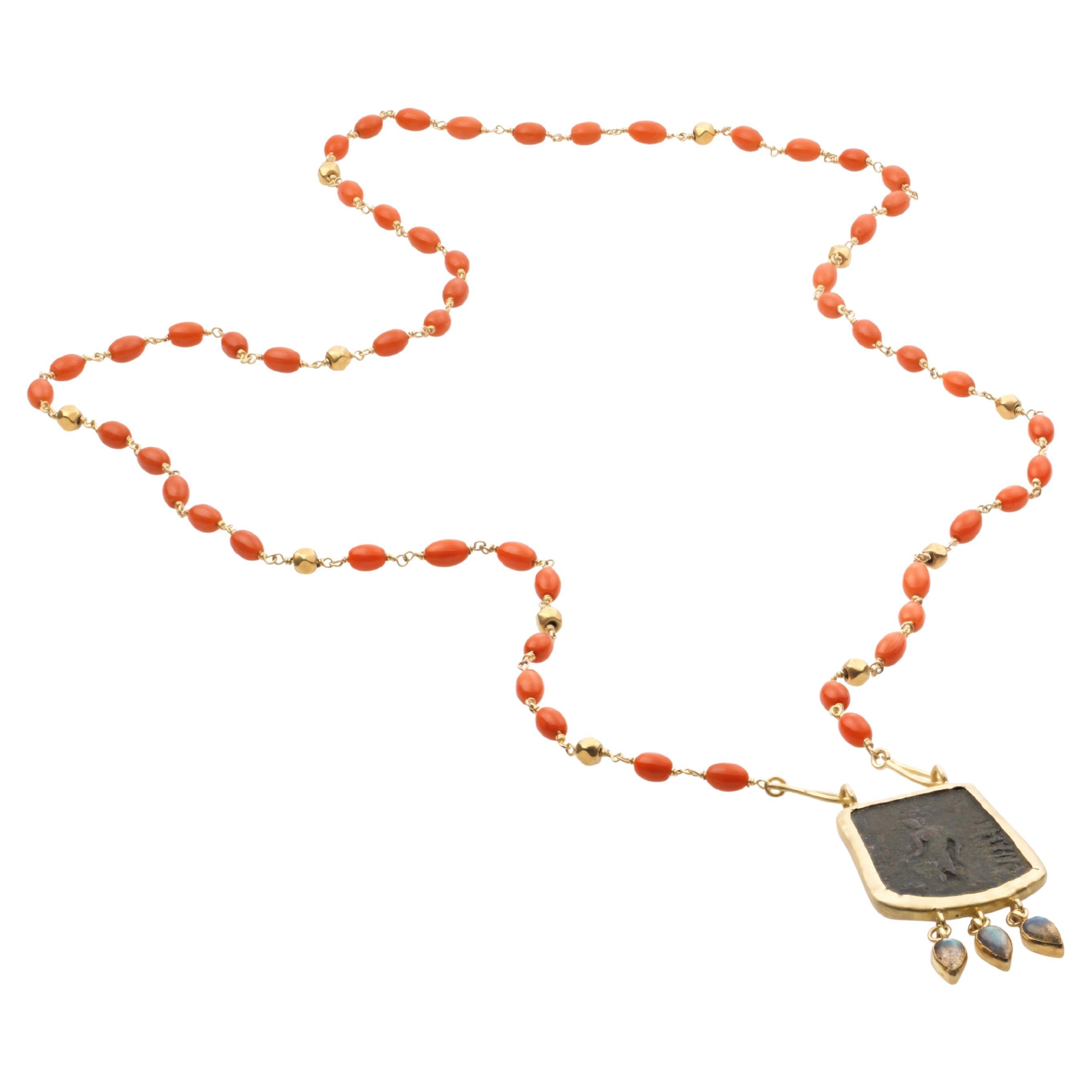 18k Gold Sautoir Necklace with Gold and Coral Beads and Detachable Antique Coin For Sale