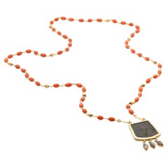 18k Gold Sautoir Necklace with Gold and Coral Beads and Detachable Antique Coin