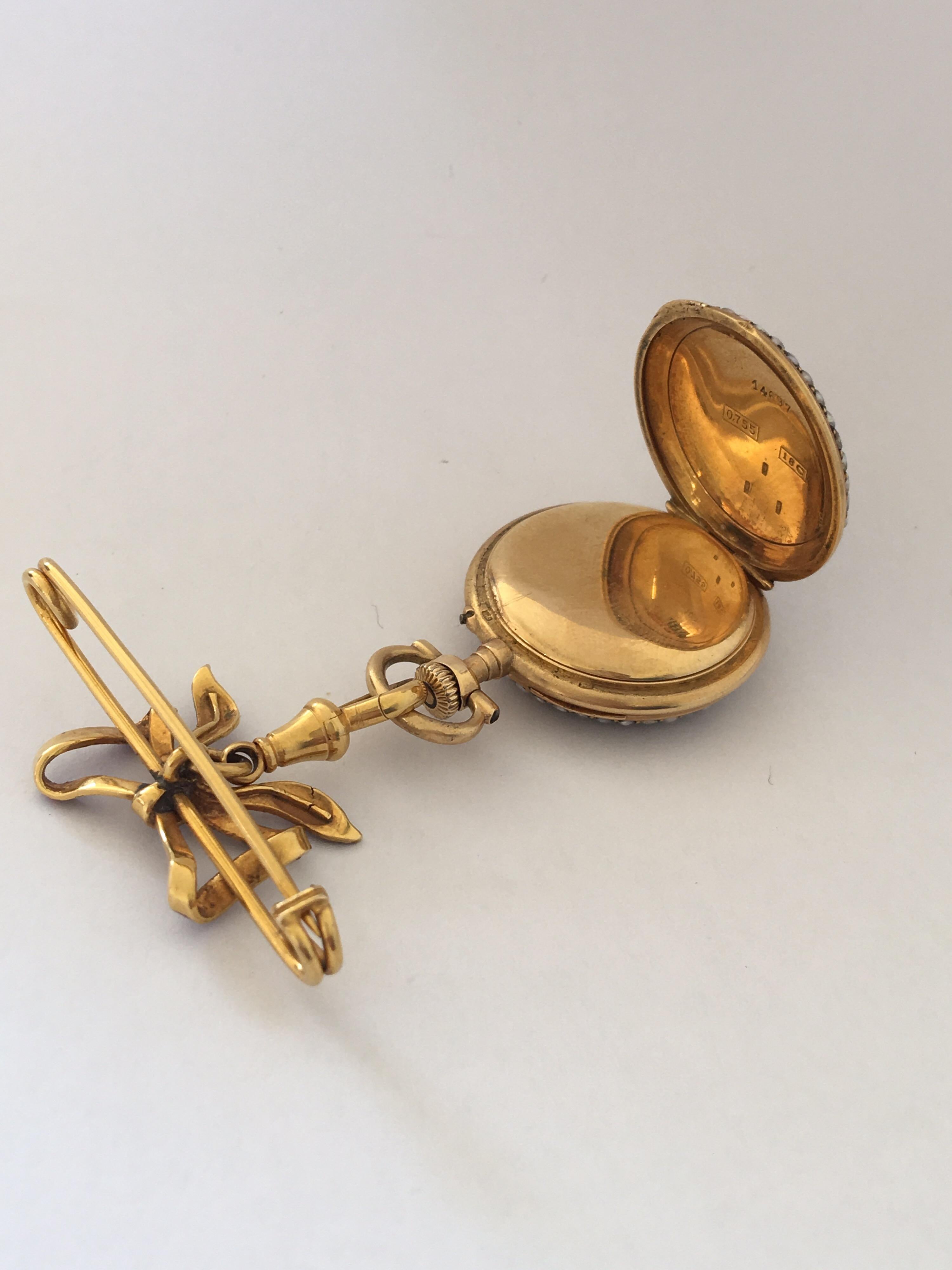 18 Karat Gold Seeded Pearl Red Wine Enamel Brooch Fob Watch In Good Condition In Carlisle, GB