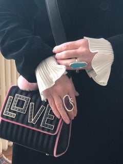 18k Gold Serpent Ring with Turquoise Stone, Diamond chips, and Ruby Briolette