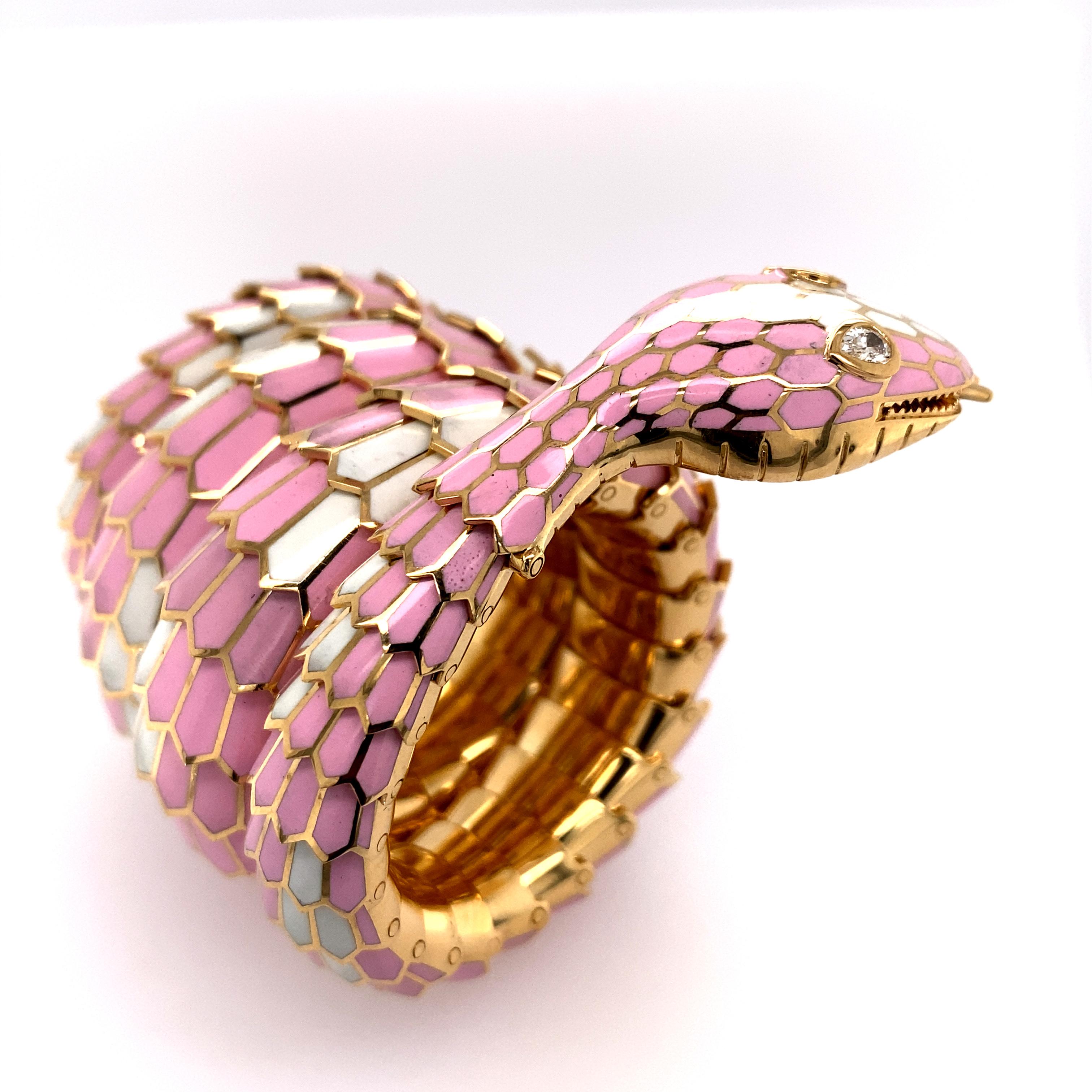 Amazing solid 18k gold serpentine bracelet with pear shape diamond eyes. 
Pink and White enamel, highly flexible and can fit wrists size of 5-7 inches.
In excellent condition. Beautiful Craftsmanship with original box. Maker mark by Illario