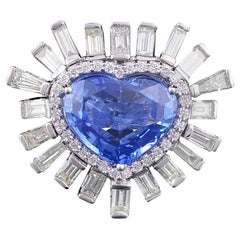 18k Gold Set, 6.06ct Heart Shaped Blue Sapphire & Baguette Diamond Cocktail Ring