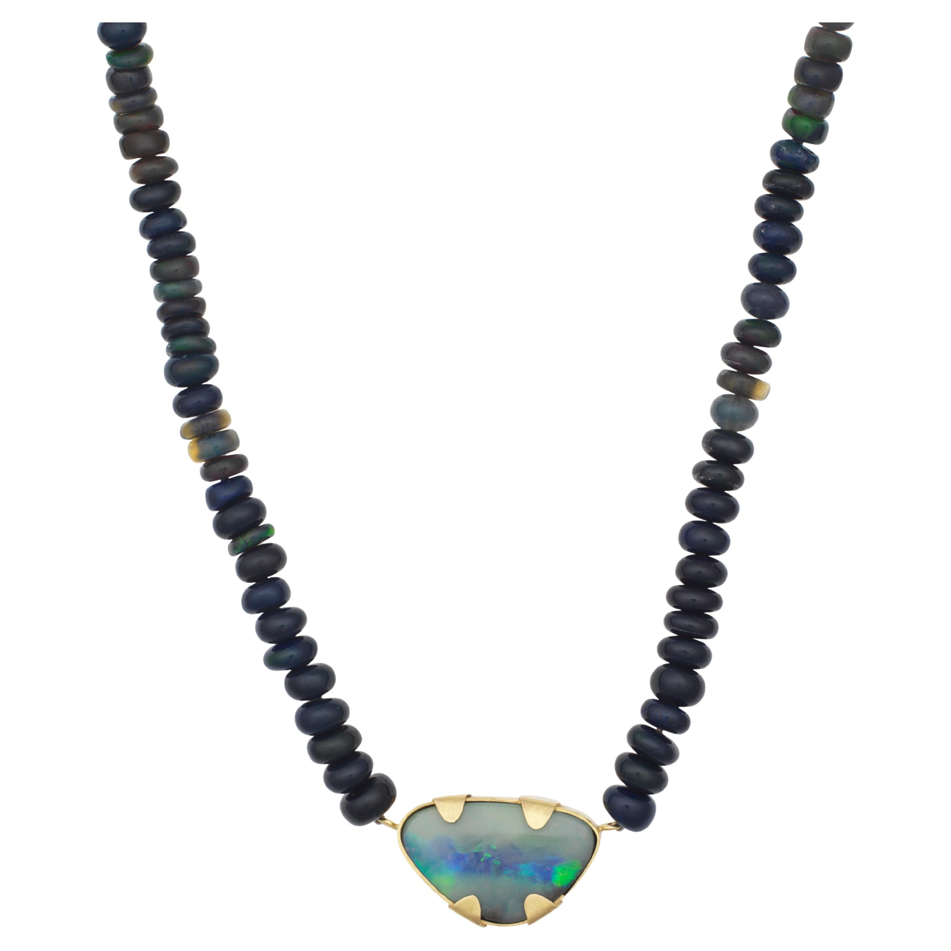 18k Gold Short Necklace with Opal Beads Australian Boulder Opal Pendant